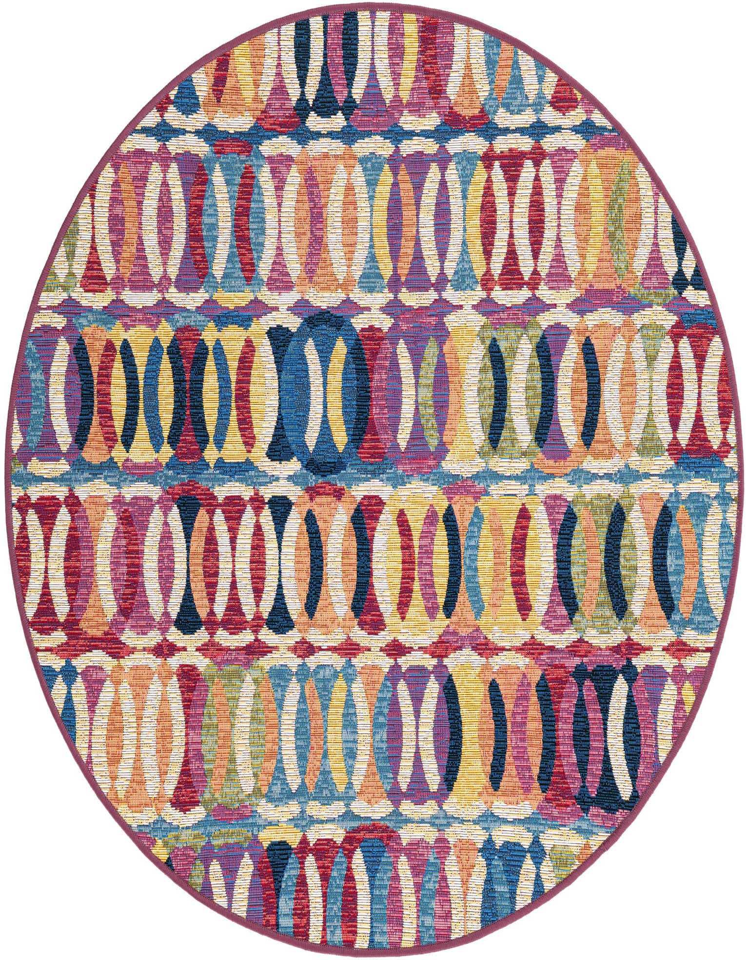 A vibrant multi-colored round rug with a modern abstract pattern of interlocking ovals and stripes, suitable for indoor or outdoor use.