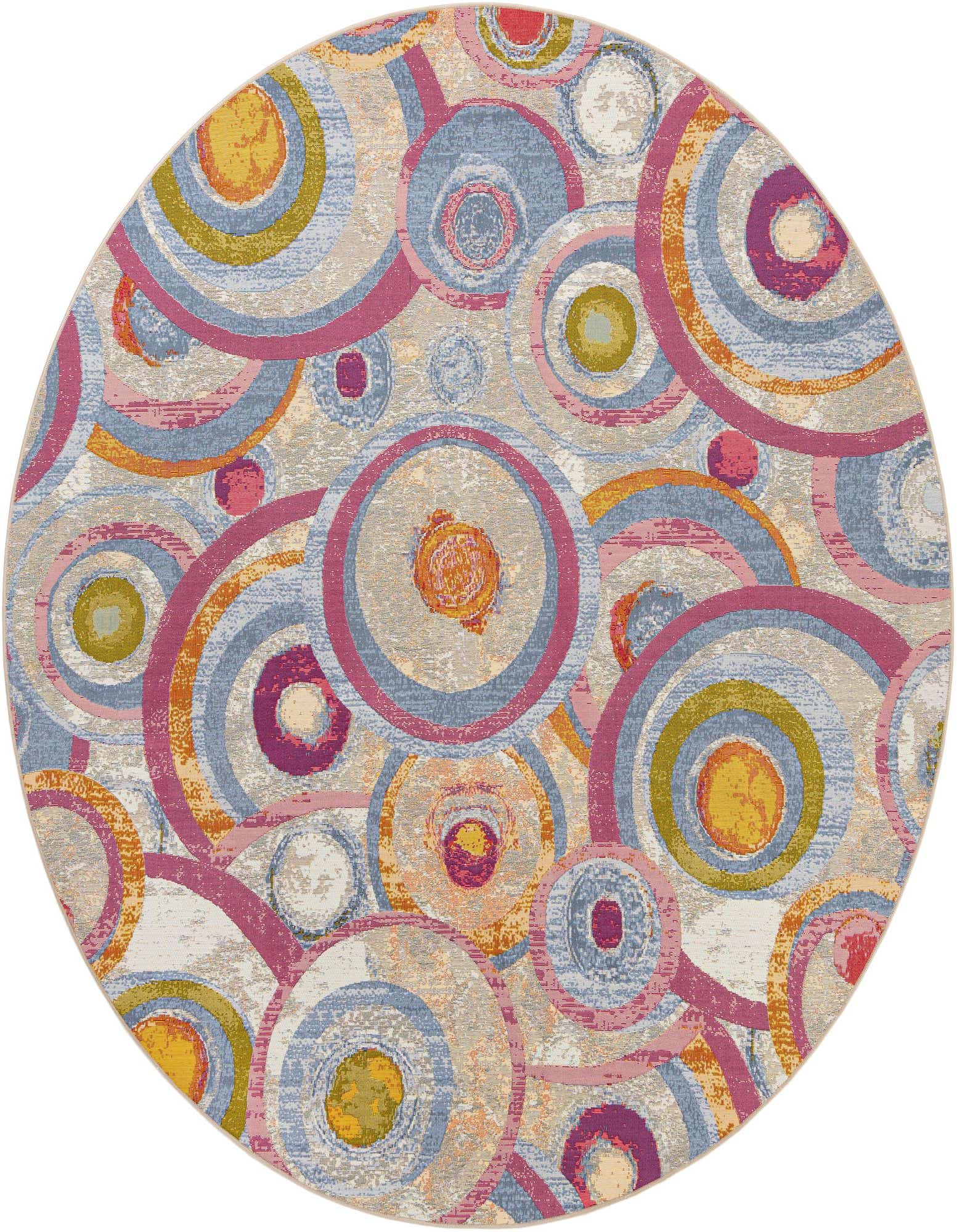 A 10' round multi-colored modern abstract rug with concentric circles in pink, blue, orange, and yellow.