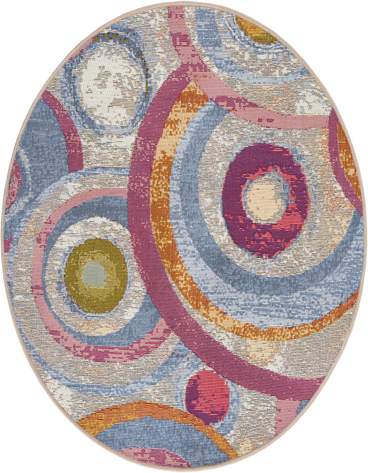 A 3' round multi-colored modern abstract rug with concentric circles in blue, pink, orange, and purple.