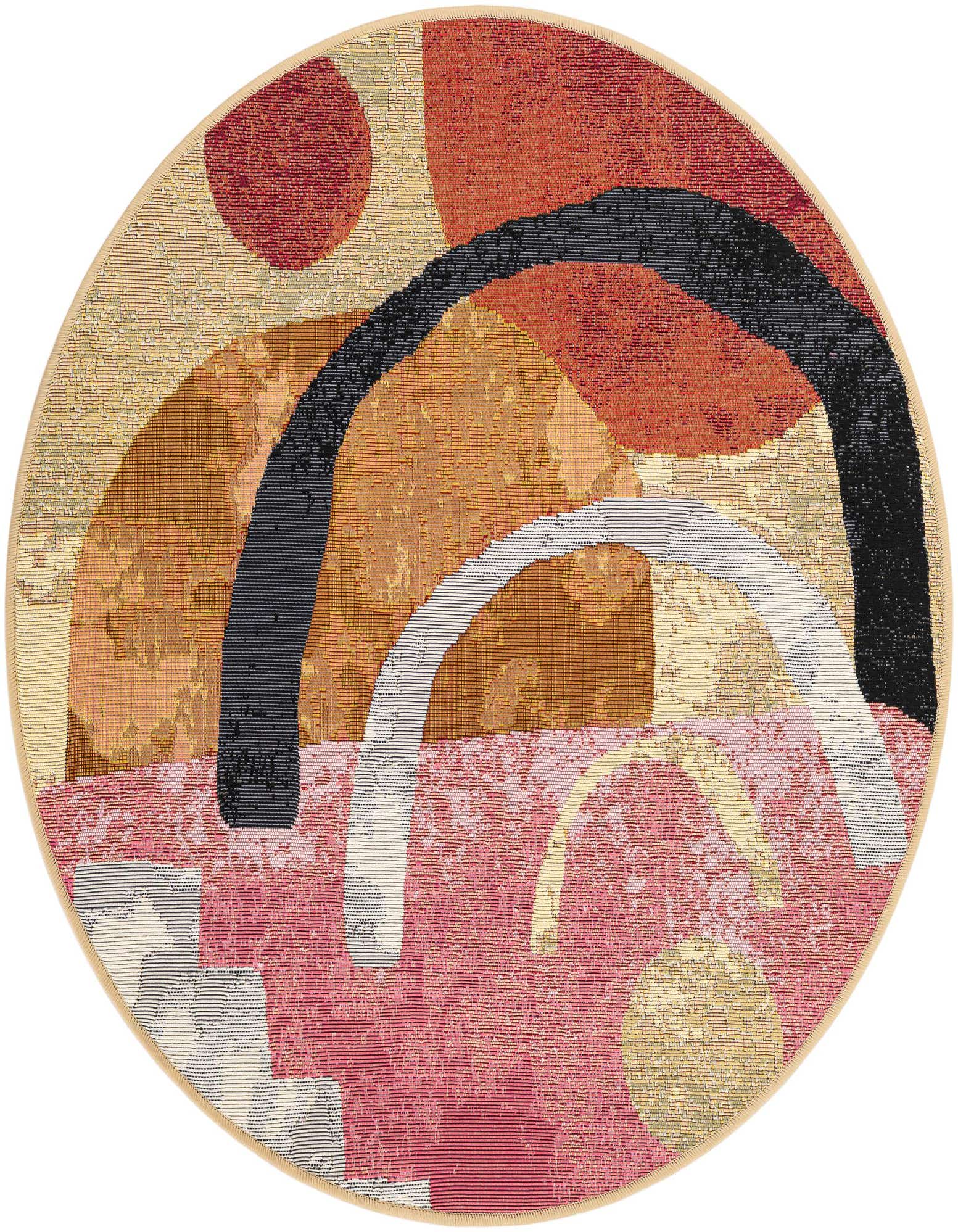 A 3' round multi-colored abstract rug with bold arcs and shapes in red, orange, black, and white.