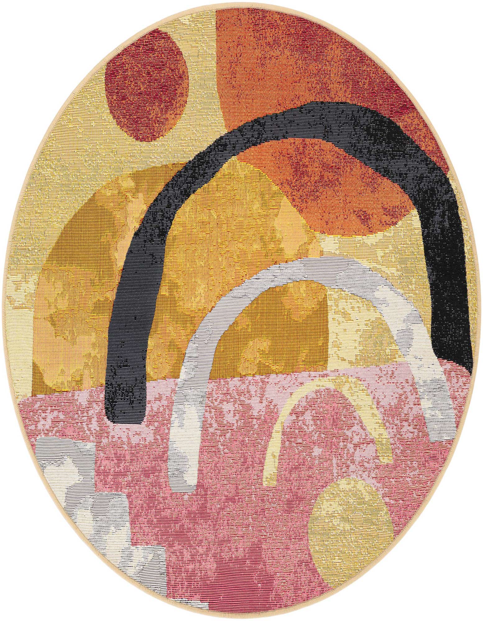 A 4' round multi-colored modern abstract rug with a flatweave texture, featuring arcs and circles in shades of orange, yellow, pink, black, and white.