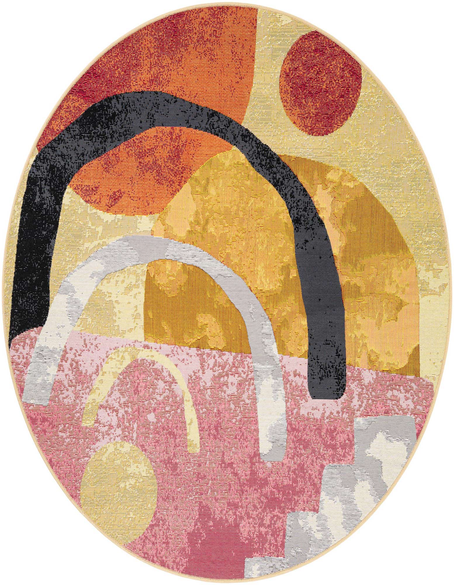 A 5' round multi-colored modern abstract rug with bold shapes in orange, yellow, pink, black, and white.