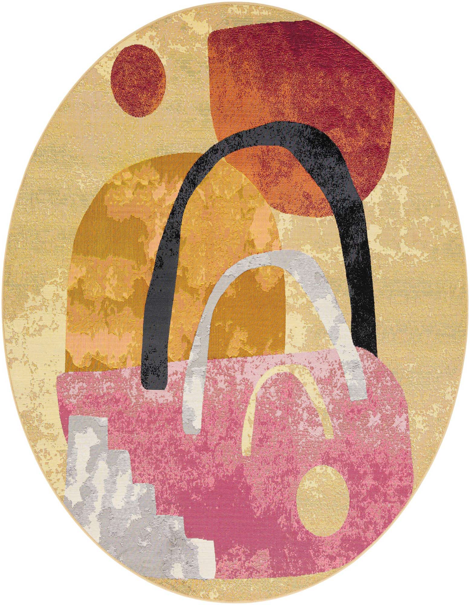 A 7' 10 round multi-colored abstract rug with a modern design featuring shapes in pink, orange, black, and yellow.