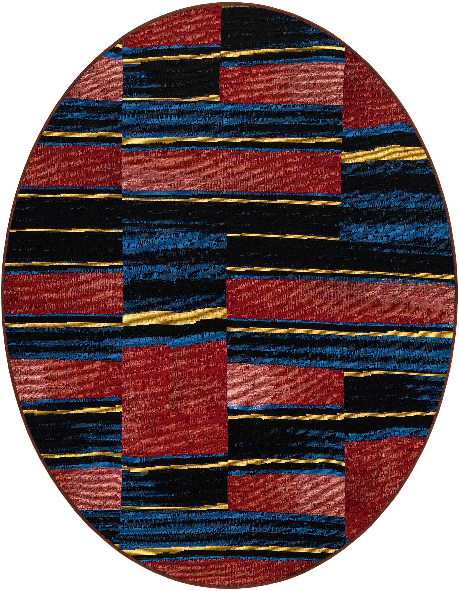 A 5' 0 x 5' 0 round multi-colored modern rug featuring bold stripes and blocks of red, black, blue, and yellow.