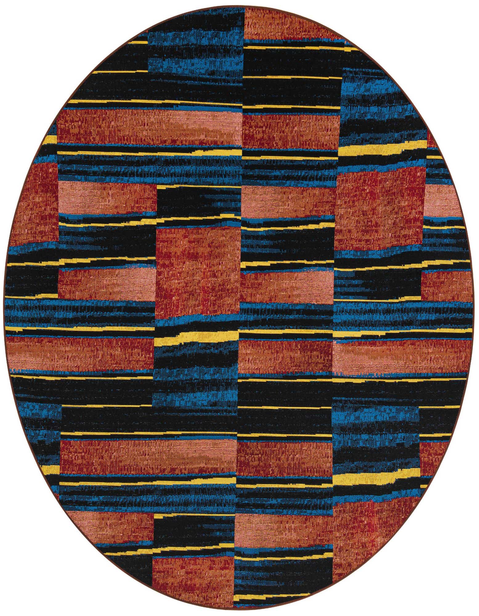 A 7' 10 round multi-colored modern rug with a striped pattern in black, blue, yellow, and red, suitable for a patio.