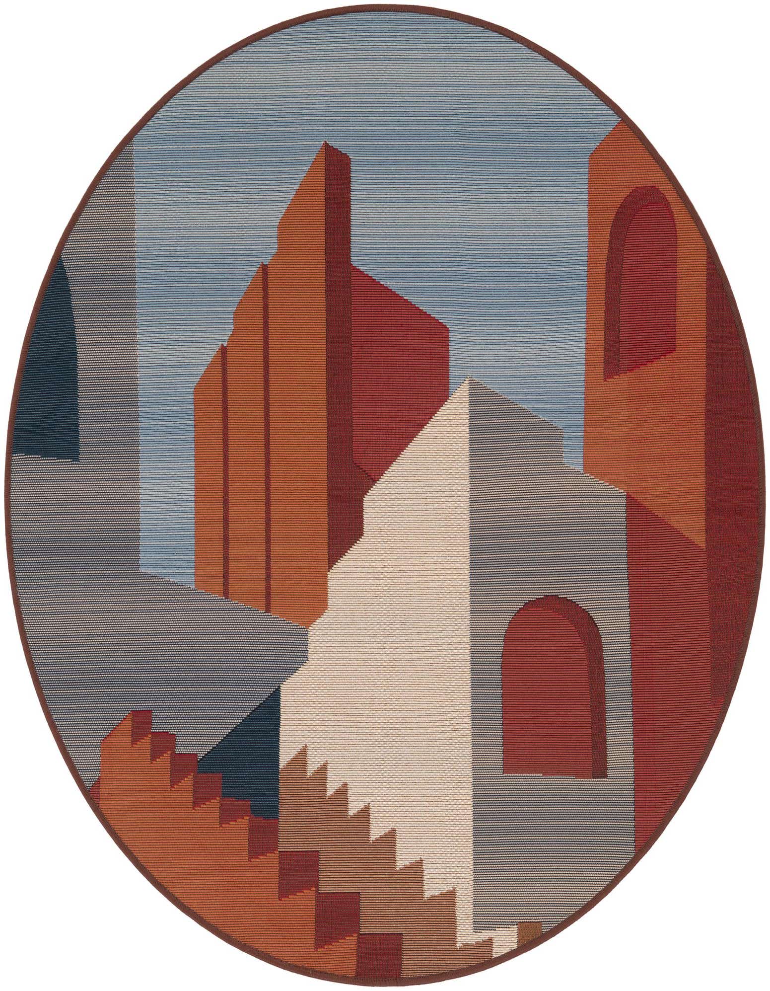 A 4' round multi-colored Southwestern modern rug with an abstract geometric pattern of buildings and stairs under a blue sky.