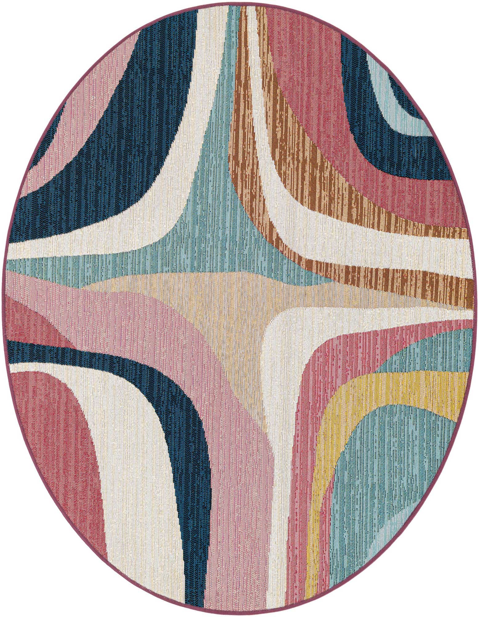 A 4' 0 x 4' 0 round multi-colored modern abstract rug with wavy lines in shades of blue, pink, teal, yellow, and brown.