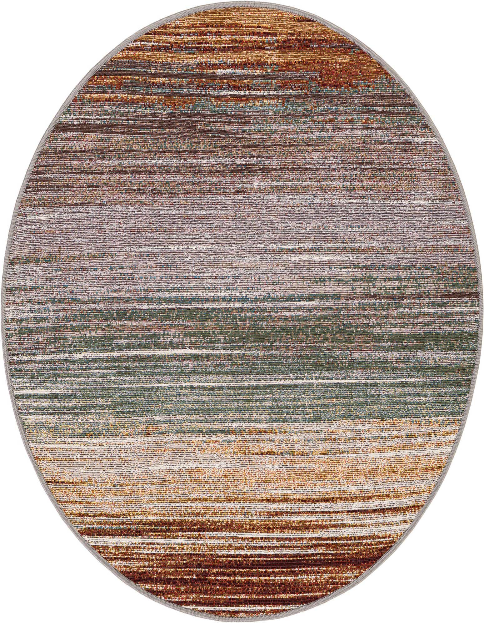 A 3' 0 x 3' 0 round multi-colored modern rug with horizontal stripes in shades of brown, orange, green, and gray.