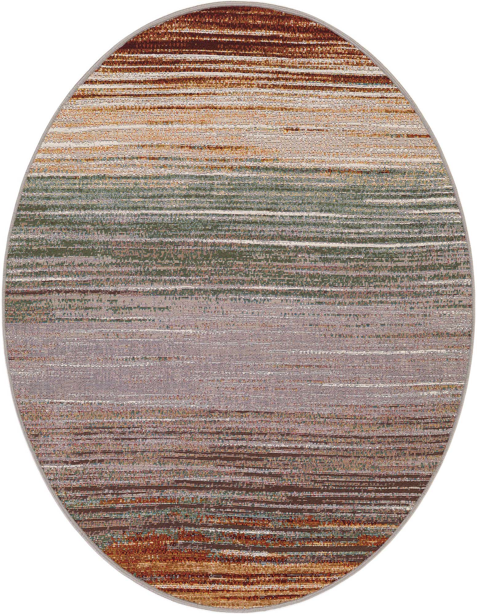 A 4' round multi-colored modern rug with horizontal stripes in earthy tones, suitable for indoor or outdoor use.