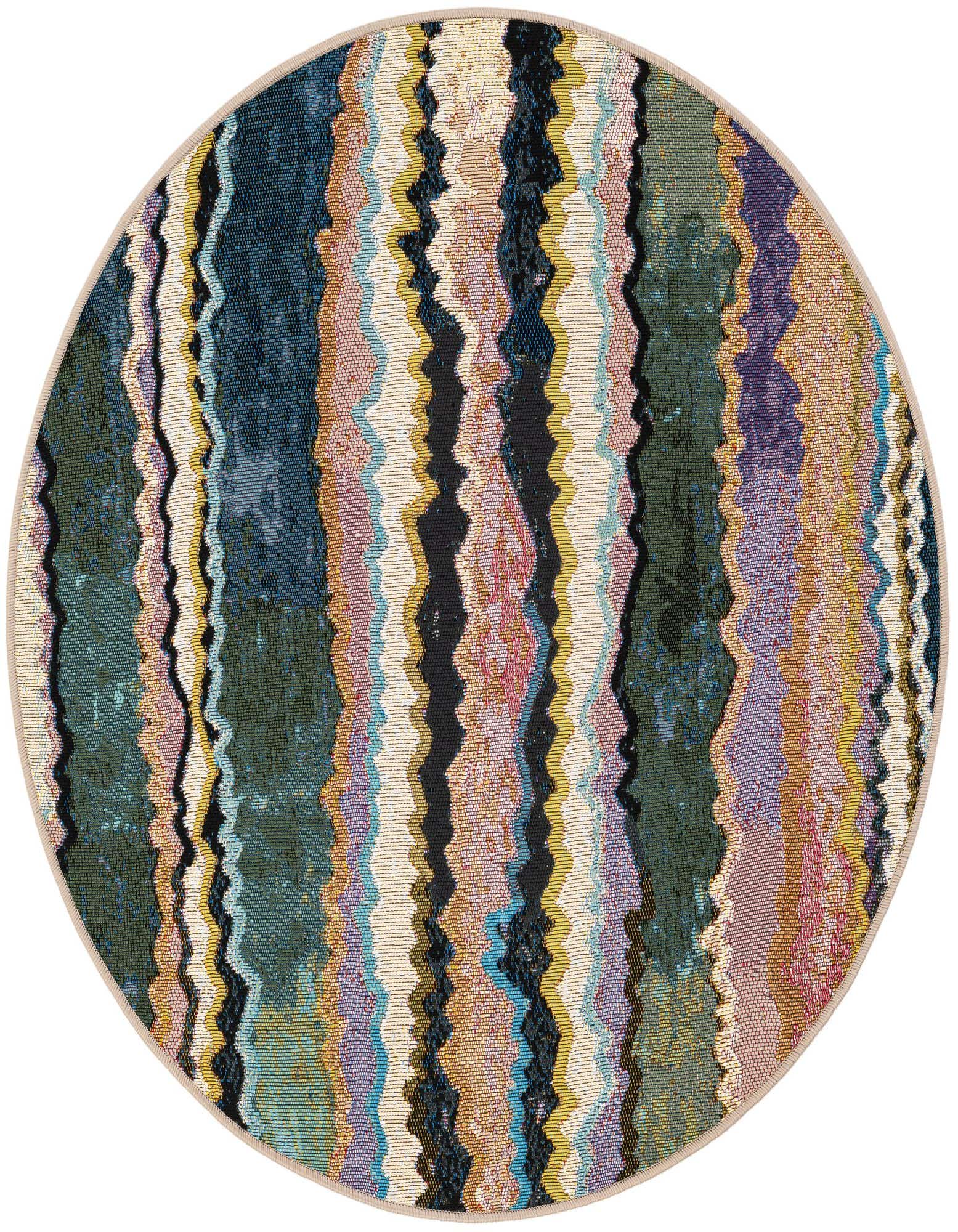 A 3' round multi-colored modern rug with wavy vertical stripes in blues, greens, yellows, and pinks.