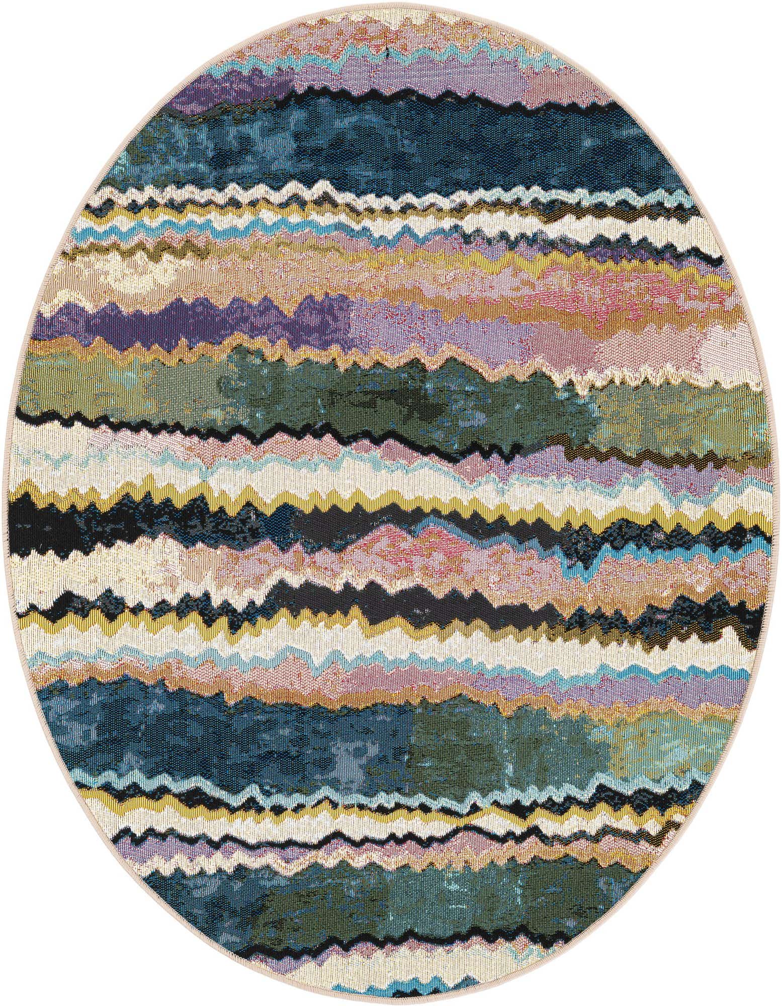A 4' round multi-colored modern rug with wavy horizontal stripes in shades of blue, green, purple, pink, and yellow.