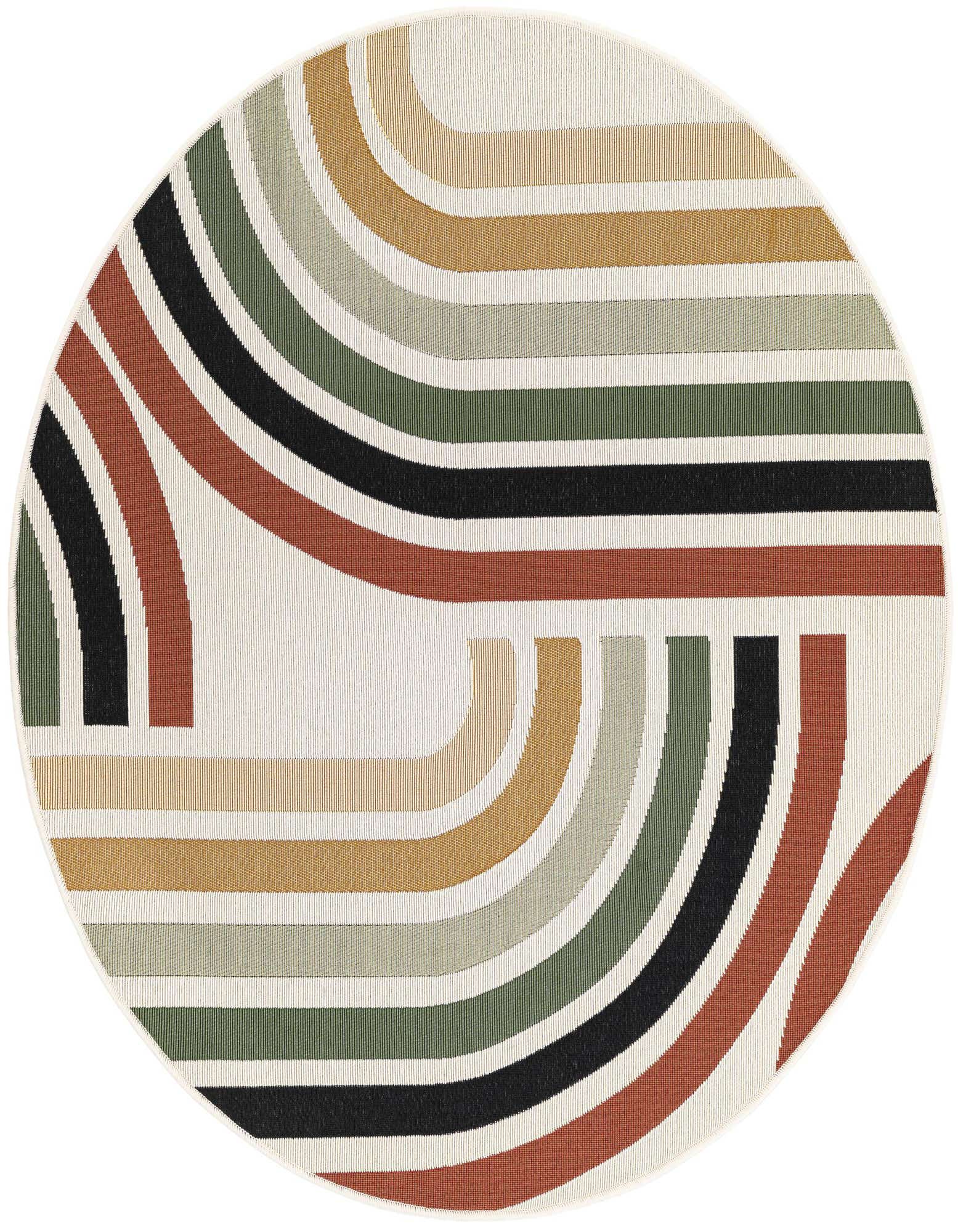 A 4' round multi-colored rug with a modern abstract pattern of curved stripes in rust, black, olive, and gold on a cream background.