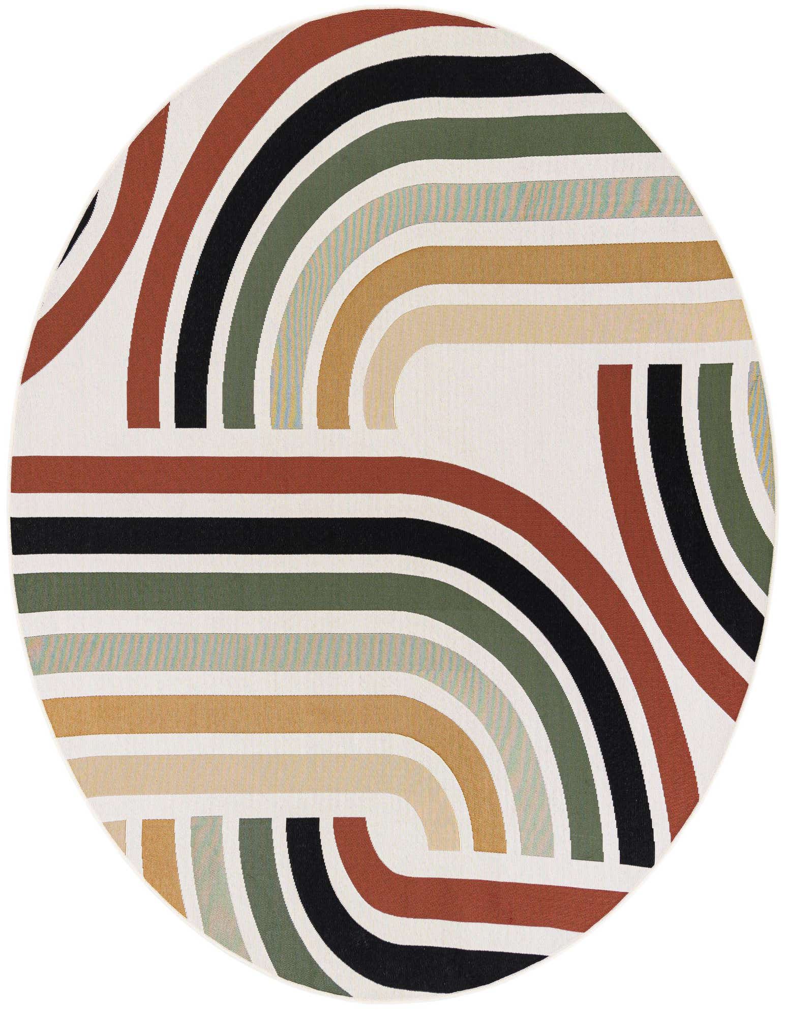 A round, multi-colored rug with a modern abstract pattern of curved lines in terracotta, black, olive, and gold on a cream background.