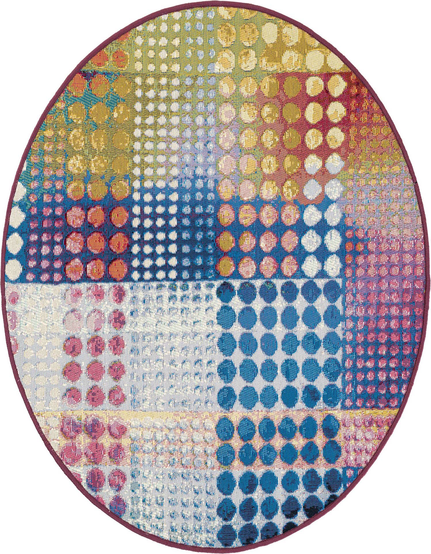 A 3' round multi-colored modern rug with a pixelated dot pattern in various shades of blue, red, yellow, and green, suitable for a patio.