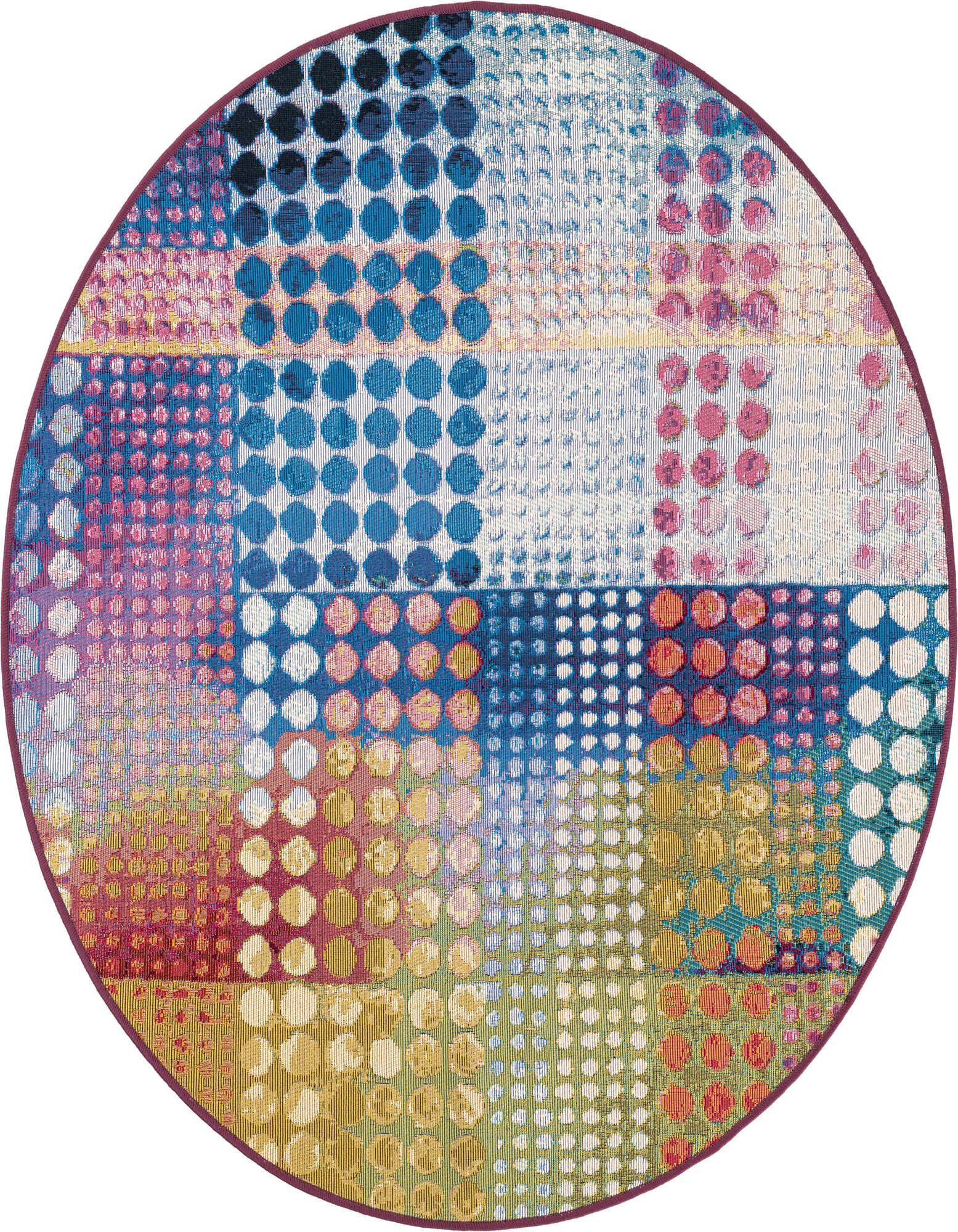 A 4' round multi-colored modern abstract rug with a mosaic of polka dot patterns in various sizes and colors, suitable for indoor or outdoor use.