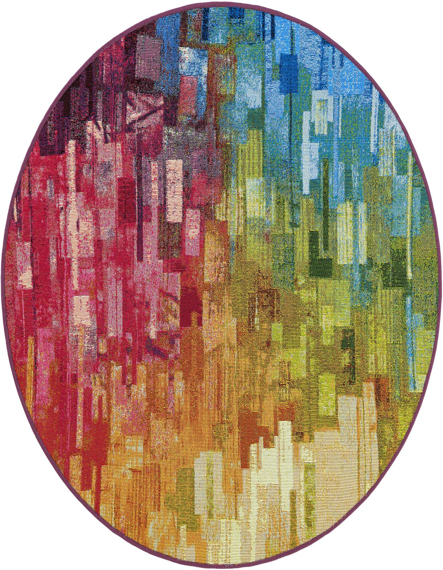 A 4' round multi-colored abstract rug with a vibrant, pixelated design in reds, oranges, greens, and blues, suitable for indoor or outdoor use.