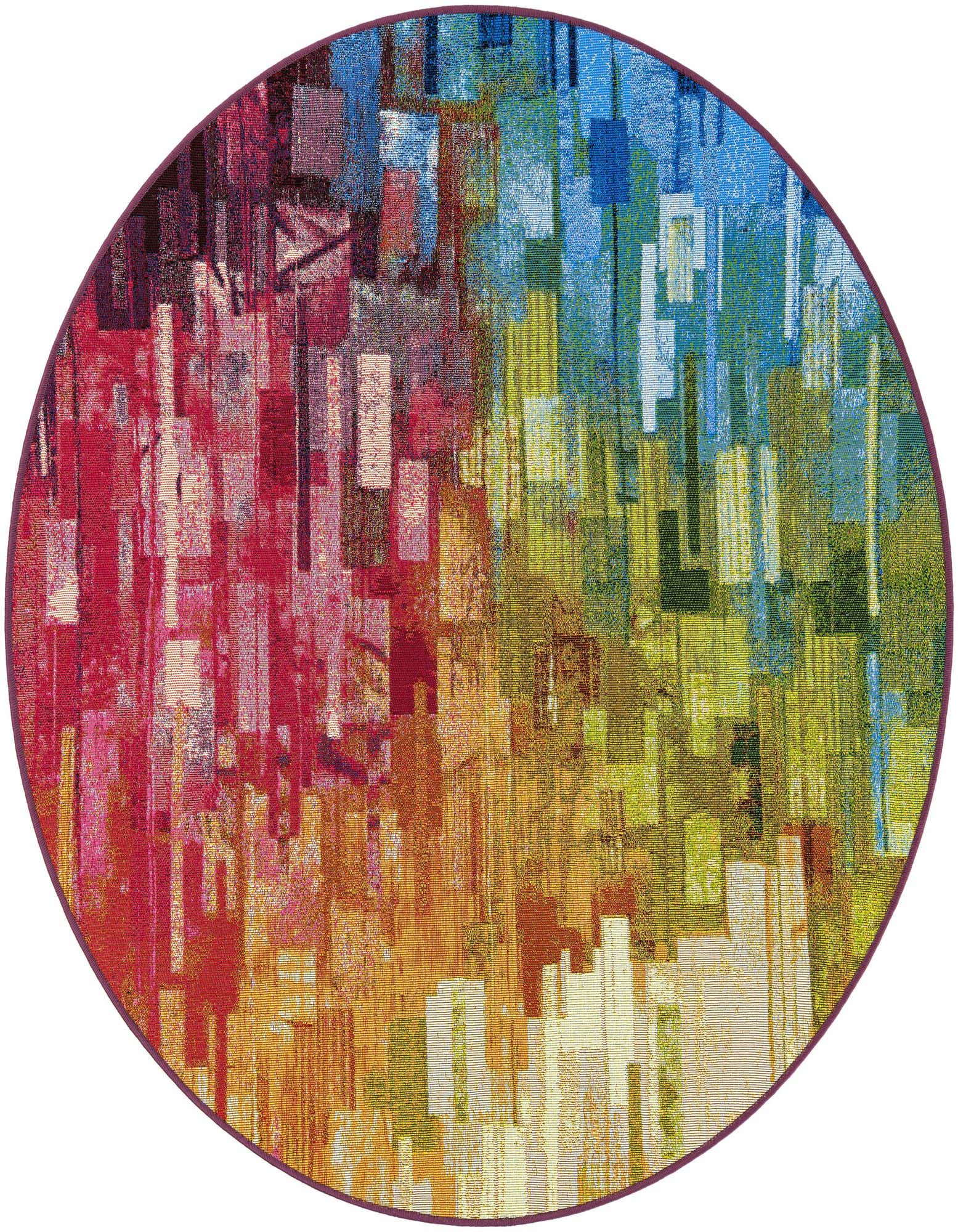 A 5' round multi-colored abstract rug with a modern design, featuring a vibrant blend of red, orange, yellow, green, and blue blocks.