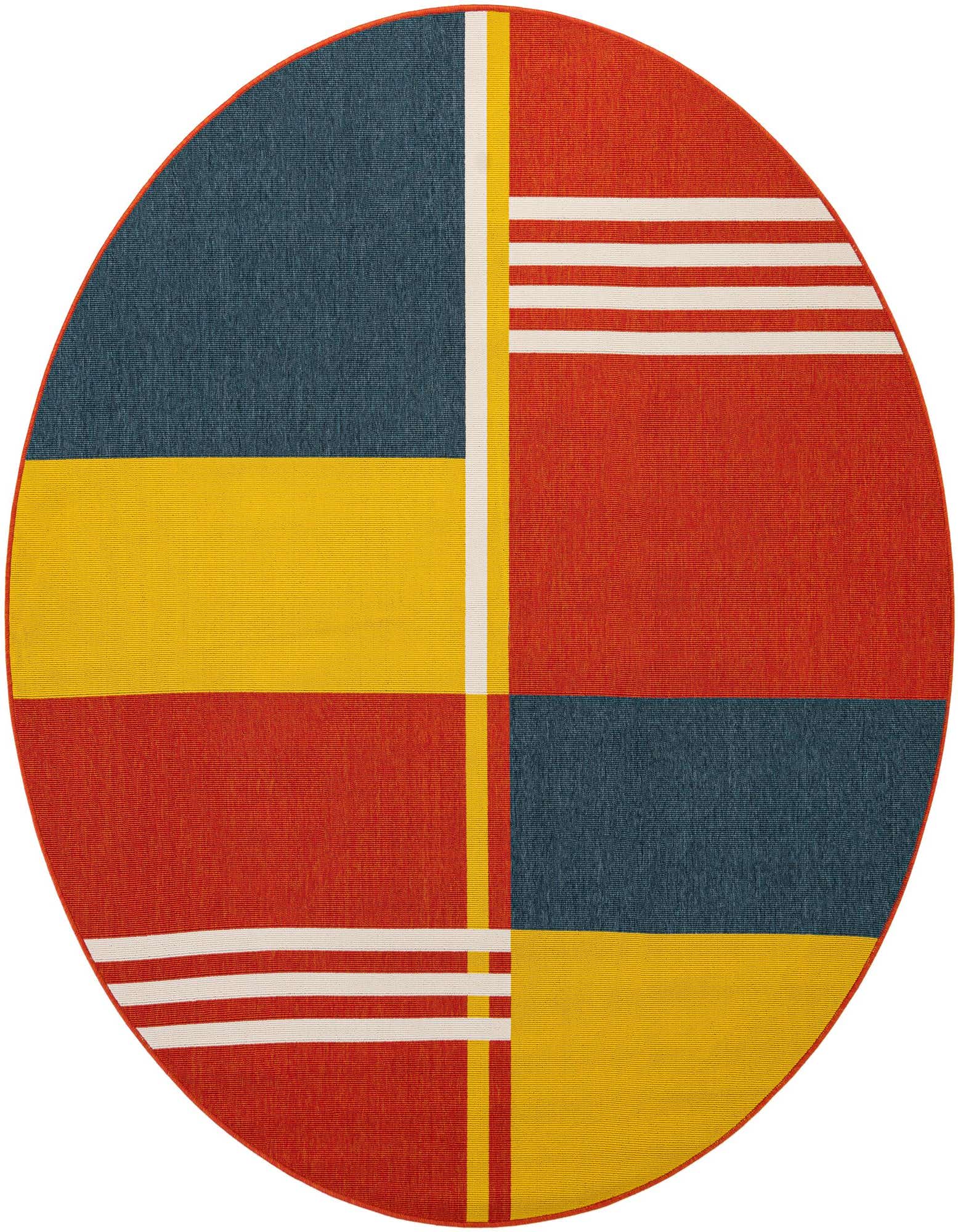 A 7' 10 round multi-colored modern abstract rug with blocks of red, navy, and yellow, accented with white and yellow stripes.