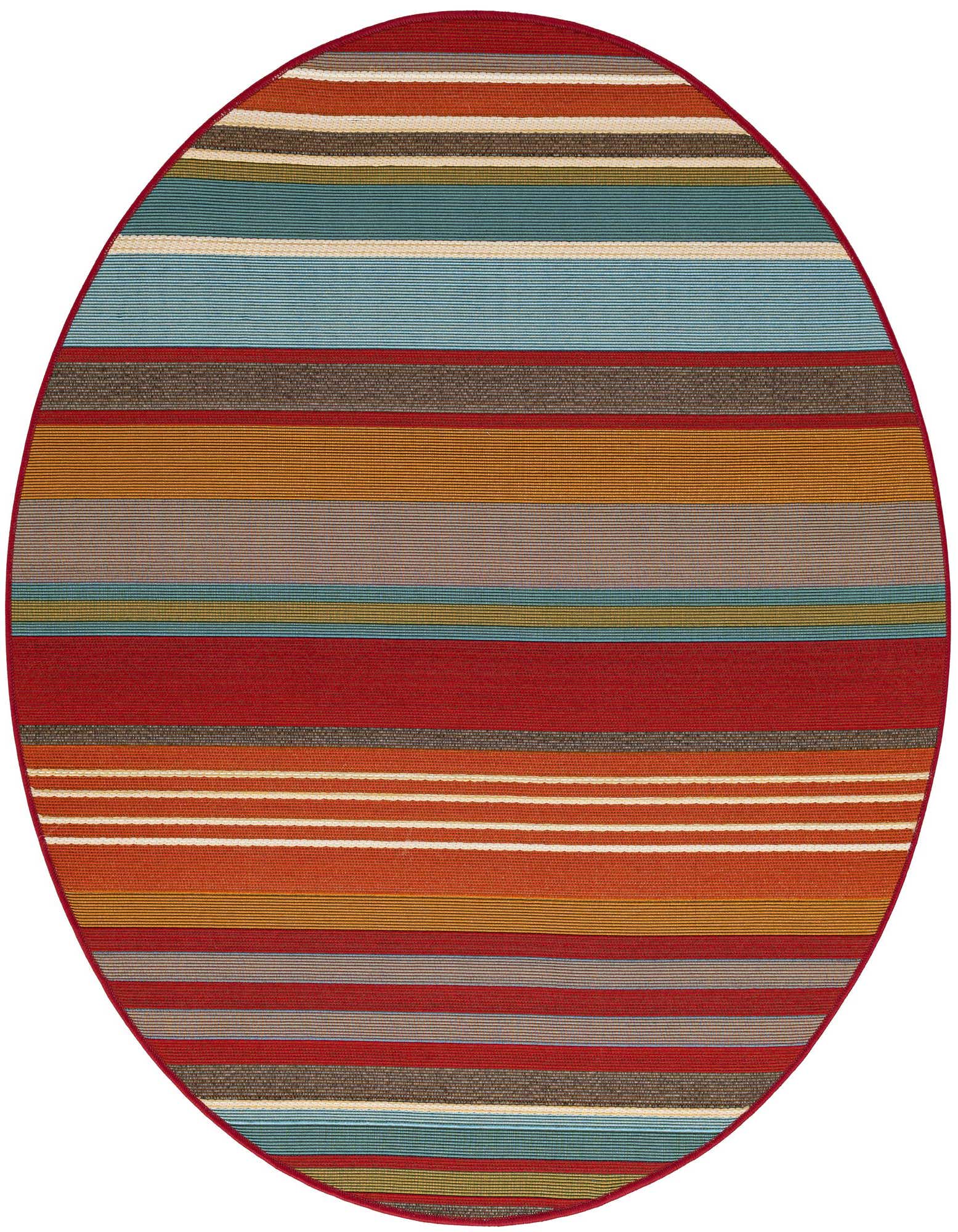A 4' round multi-colored striped flatweave rug with red, blue, orange, and brown bands, suitable for indoor or outdoor use.