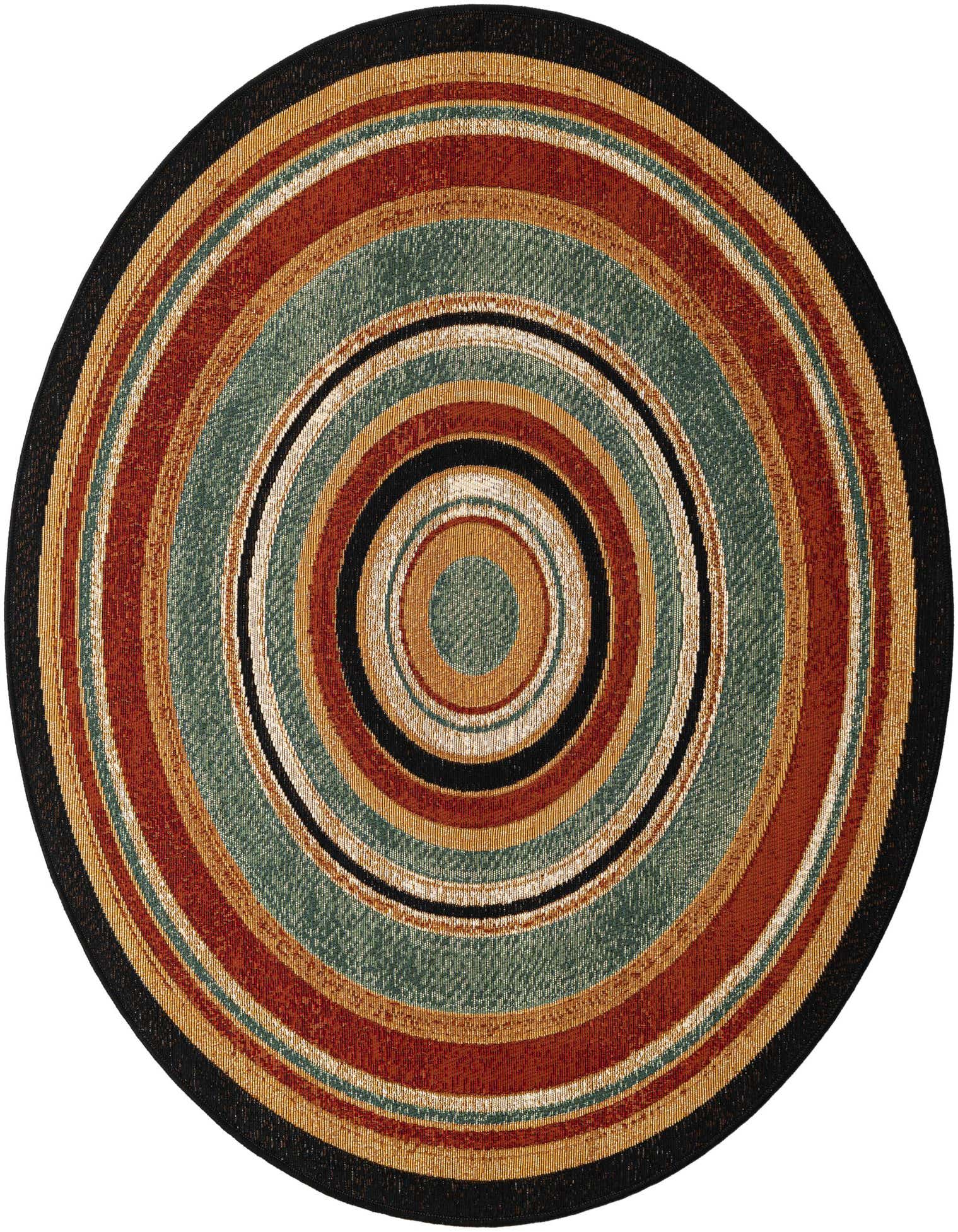 A 4' round multi-colored rug with concentric circles in shades of rust, teal, gold, black, and cream, suitable for indoor or outdoor use.