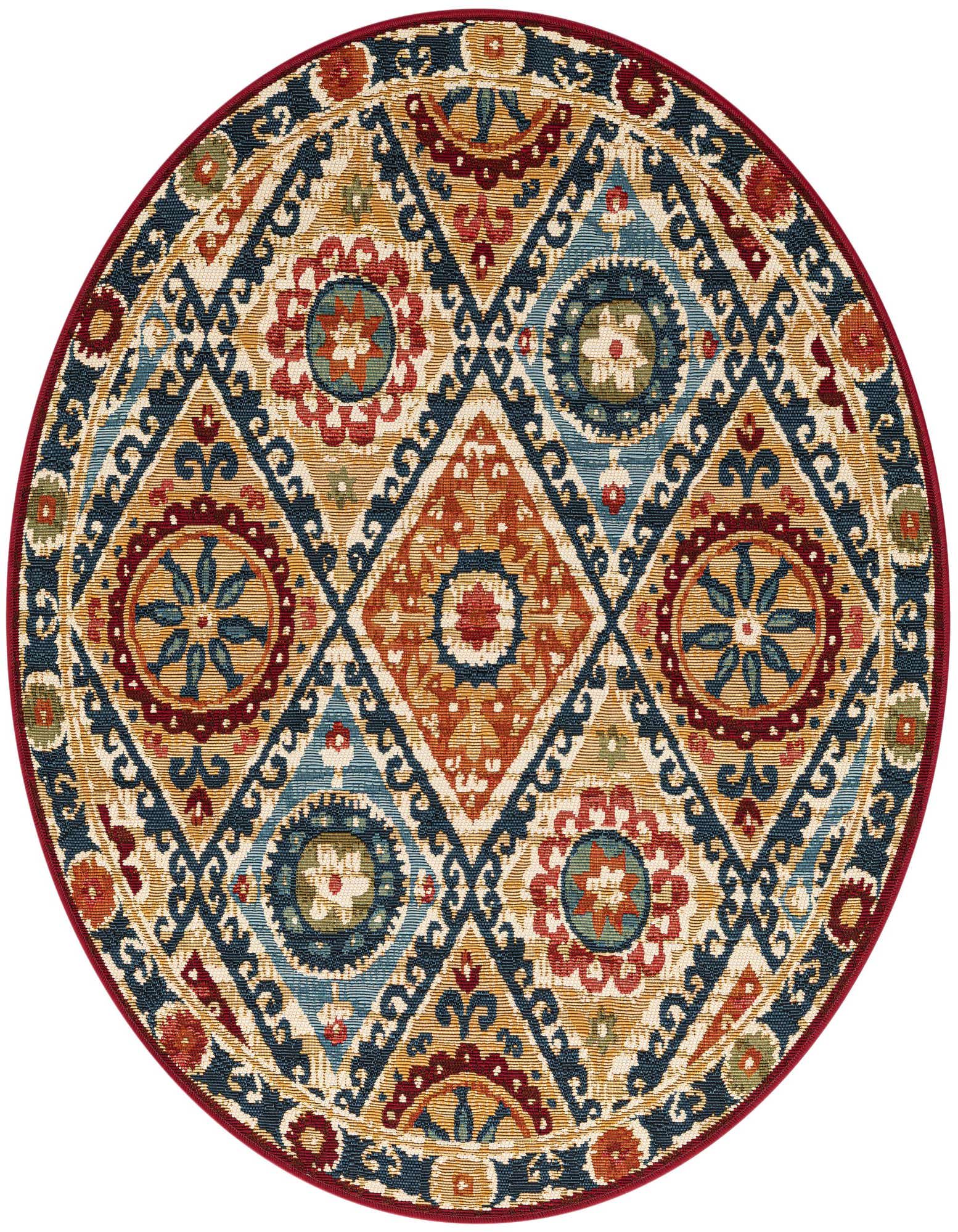 A 4' round multi-colored rug with a traditional and modern geometric pattern, featuring shades of blue, red, orange, and gold, suitable for indoor or outdoor use.