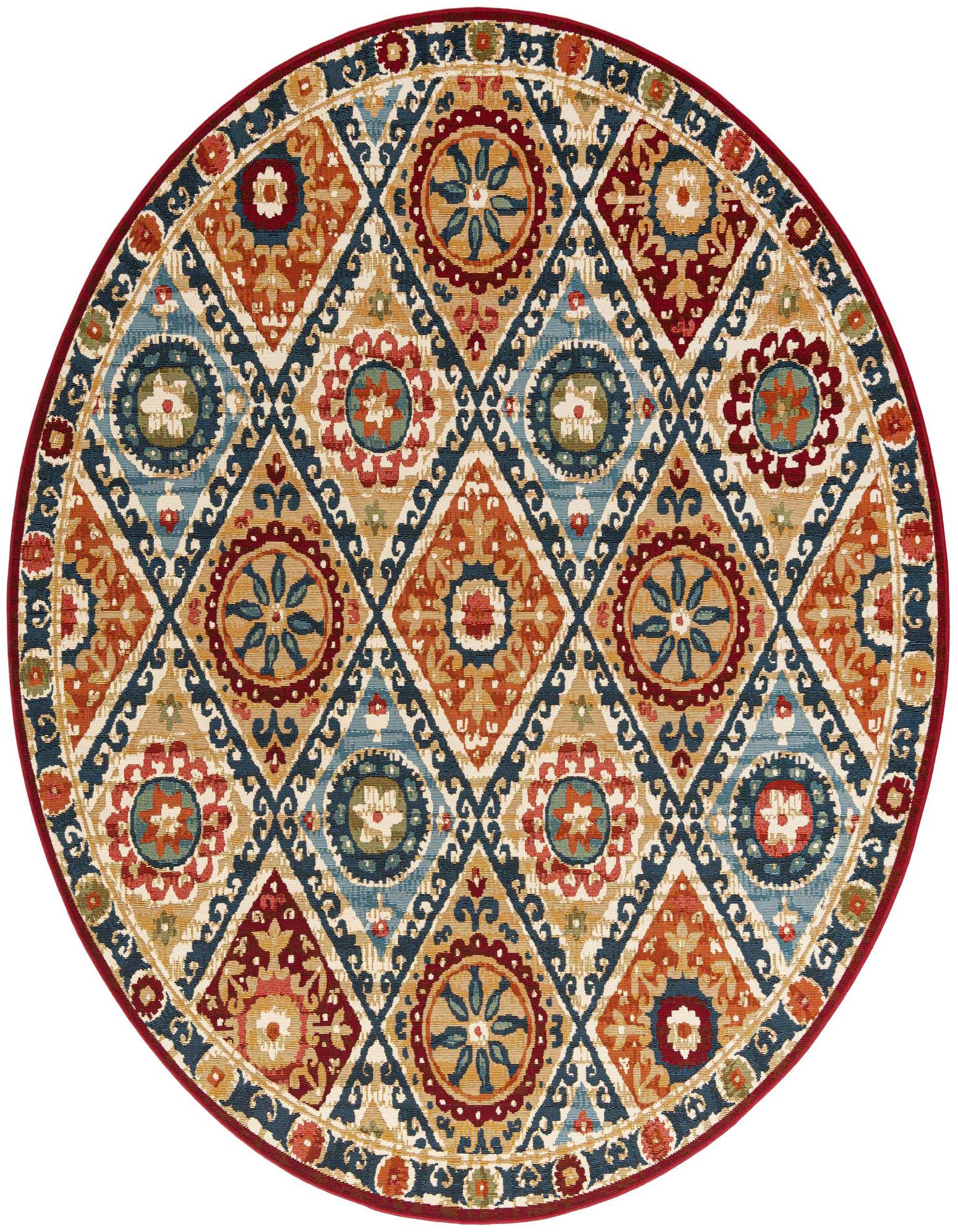 A 7' 10 round multi-colored indoor/outdoor rug with a traditional geometric pattern featuring diamonds and medallions in blue, orange, red, and beige.