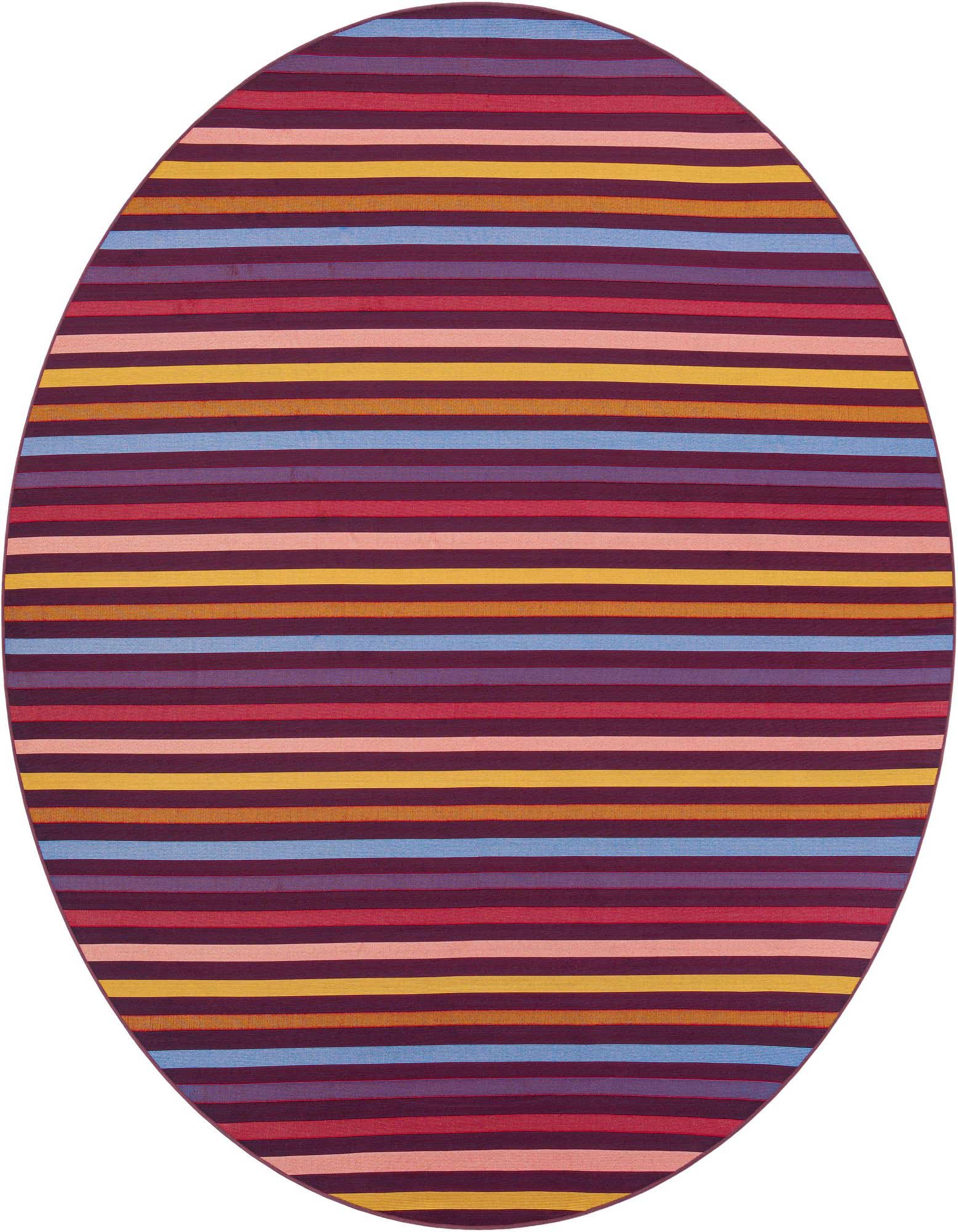 A 10' round multi-colored striped rug from the Outdoor Ribbon collection, featuring horizontal bands of red, orange, yellow, blue, and purple.