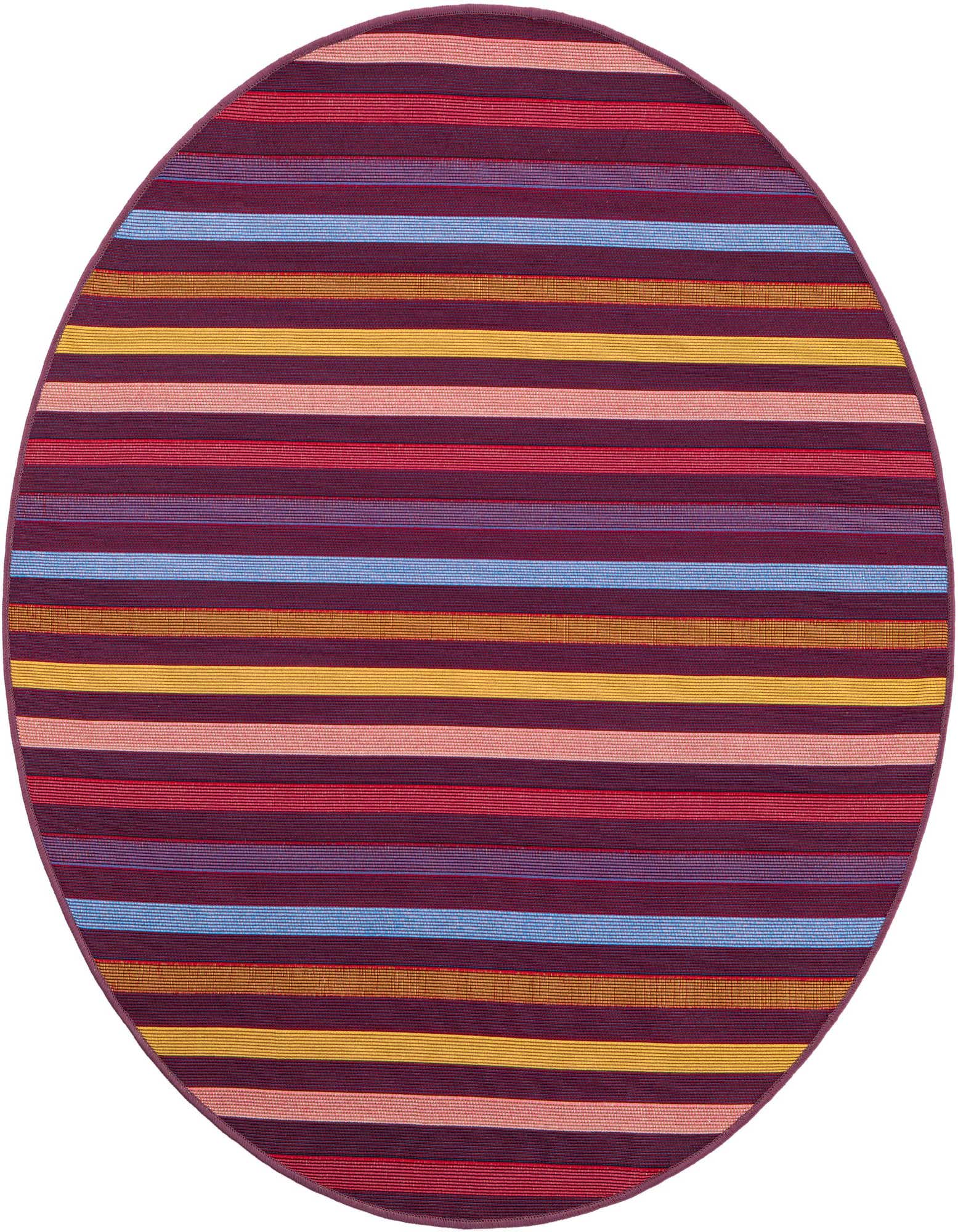 A 4' round multi-colored striped rug from the Outdoor Ribbon collection, featuring vibrant hues of red, blue, yellow, and pink, ideal for indoor or outdoor use.