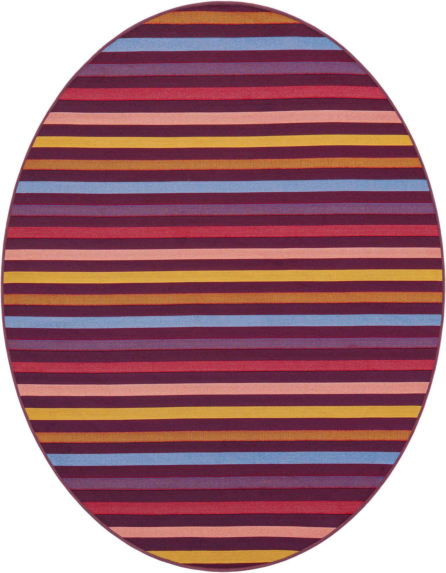 A 6' round multi-colored striped rug with shades of red, pink, blue, and yellow, ideal for indoor or outdoor use.