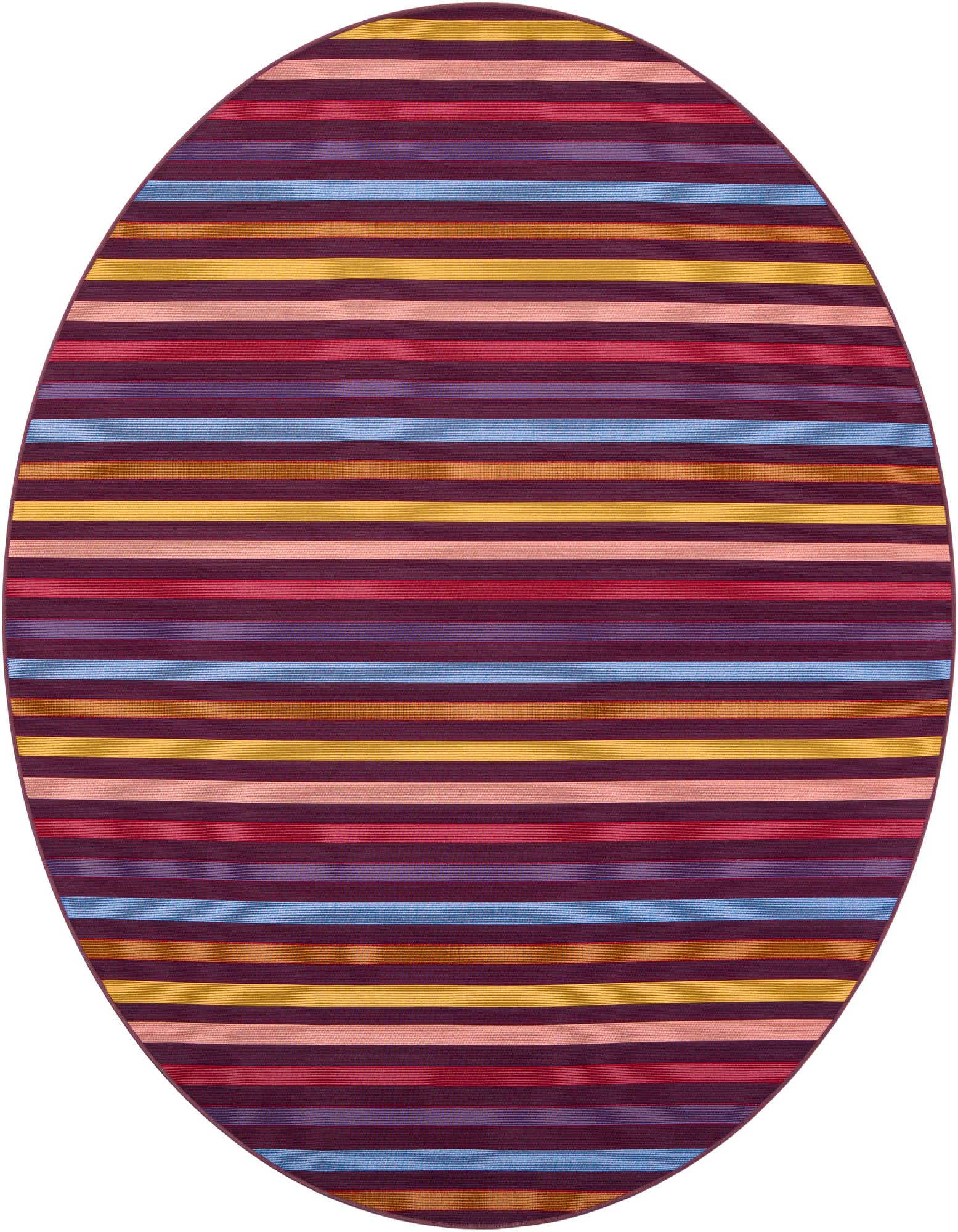 A round, multi-colored striped rug featuring shades of purple, blue, pink, and gold, suitable for indoor or outdoor use.