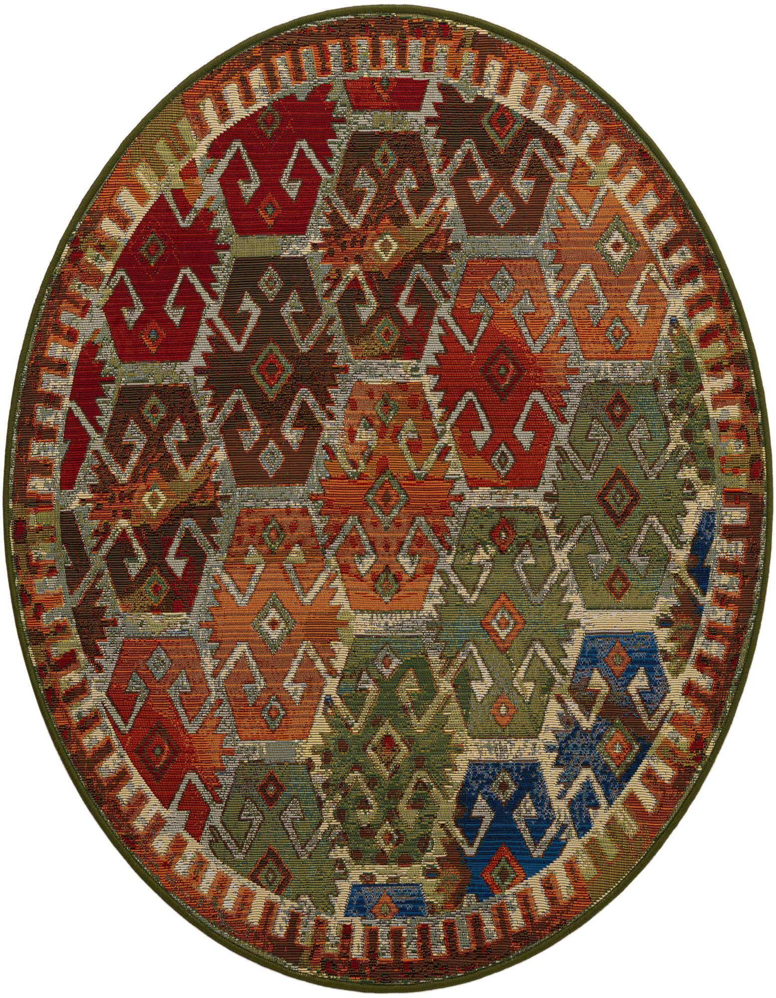 A round, multi-colored outdoor rug featuring a vibrant Southwestern pattern with geometric shapes in red, orange, green, and blue hues.