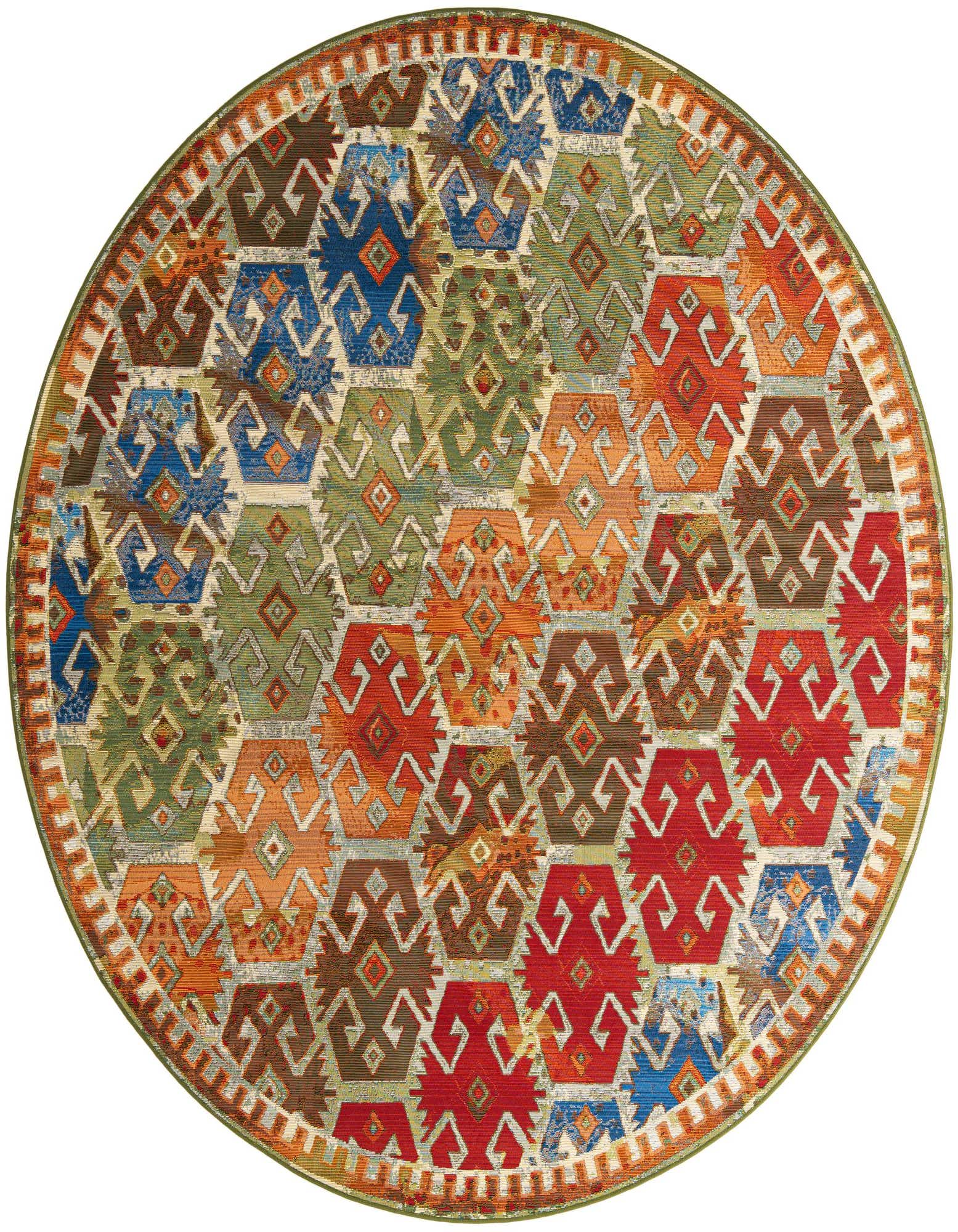 A vibrant 7' 10 round multi-colored outdoor rug with a traditional geometric pattern, ideal for a patio.