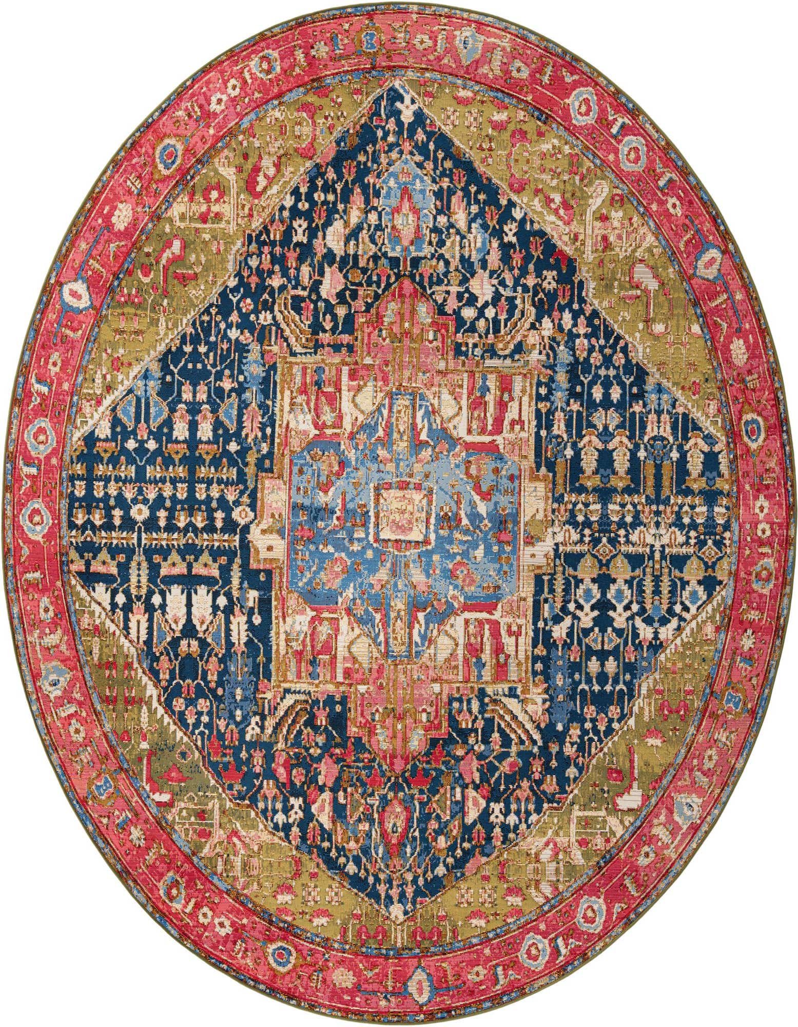 A 10' round multi-colored traditional outdoor rug with a central medallion, featuring shades of blue, red, and olive green.