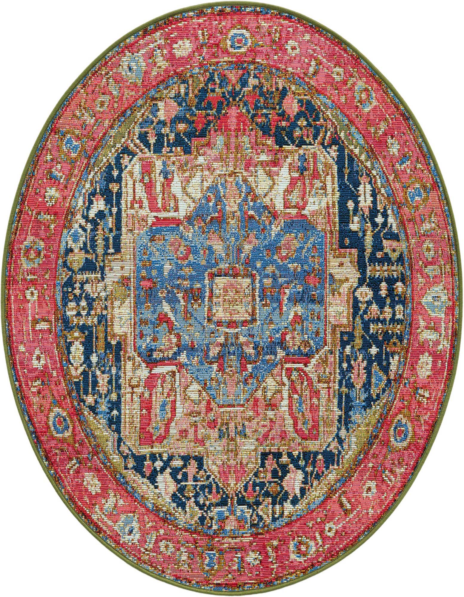 A 3' round multi-colored Oriental rug with a central medallion and intricate floral patterns in shades of blue, red, and cream, suitable for indoor or outdoor use.