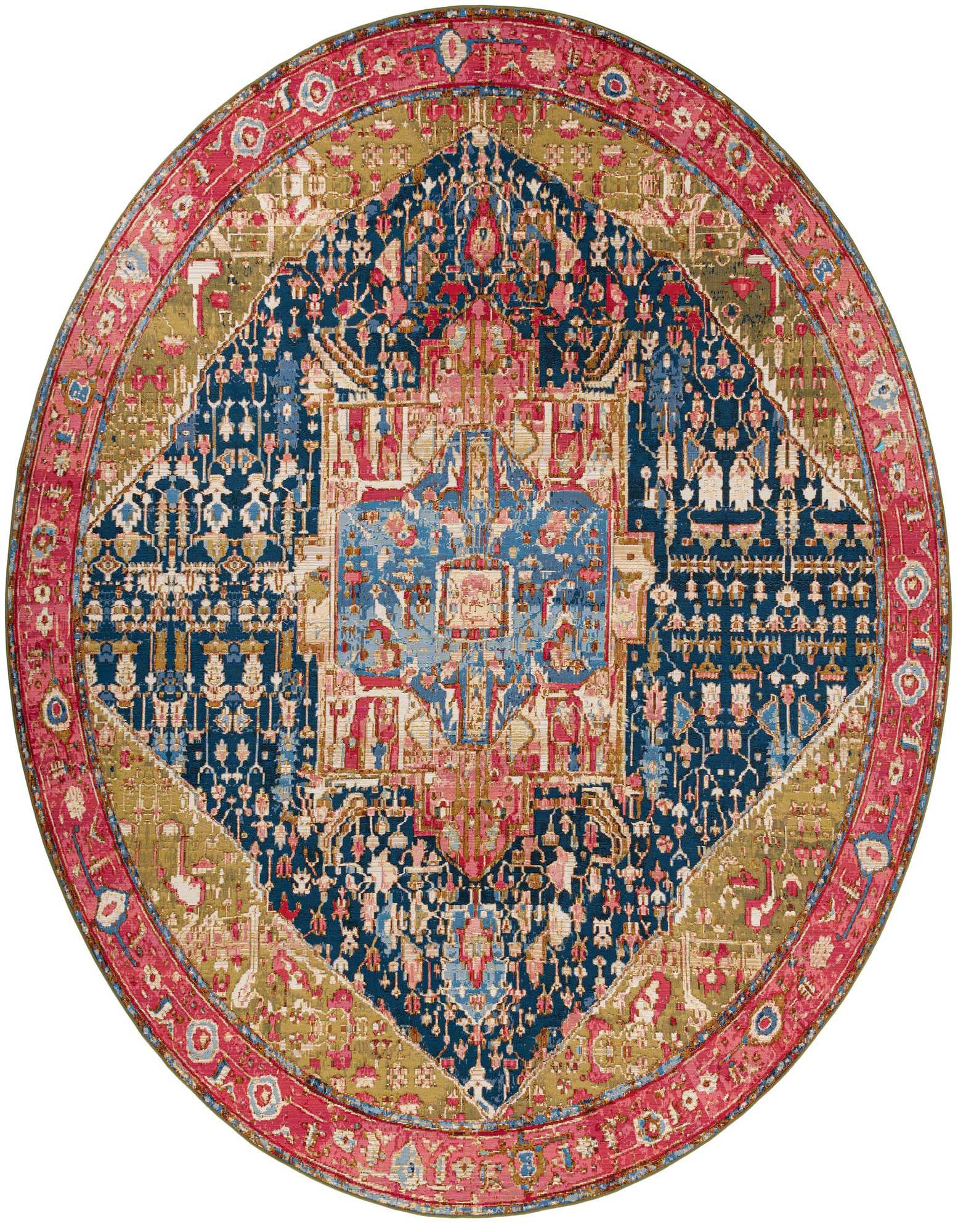 A 12' round multi-colored Oriental rug with a detailed medallion pattern in blues, pinks, and gold, featuring a vibrant red border.