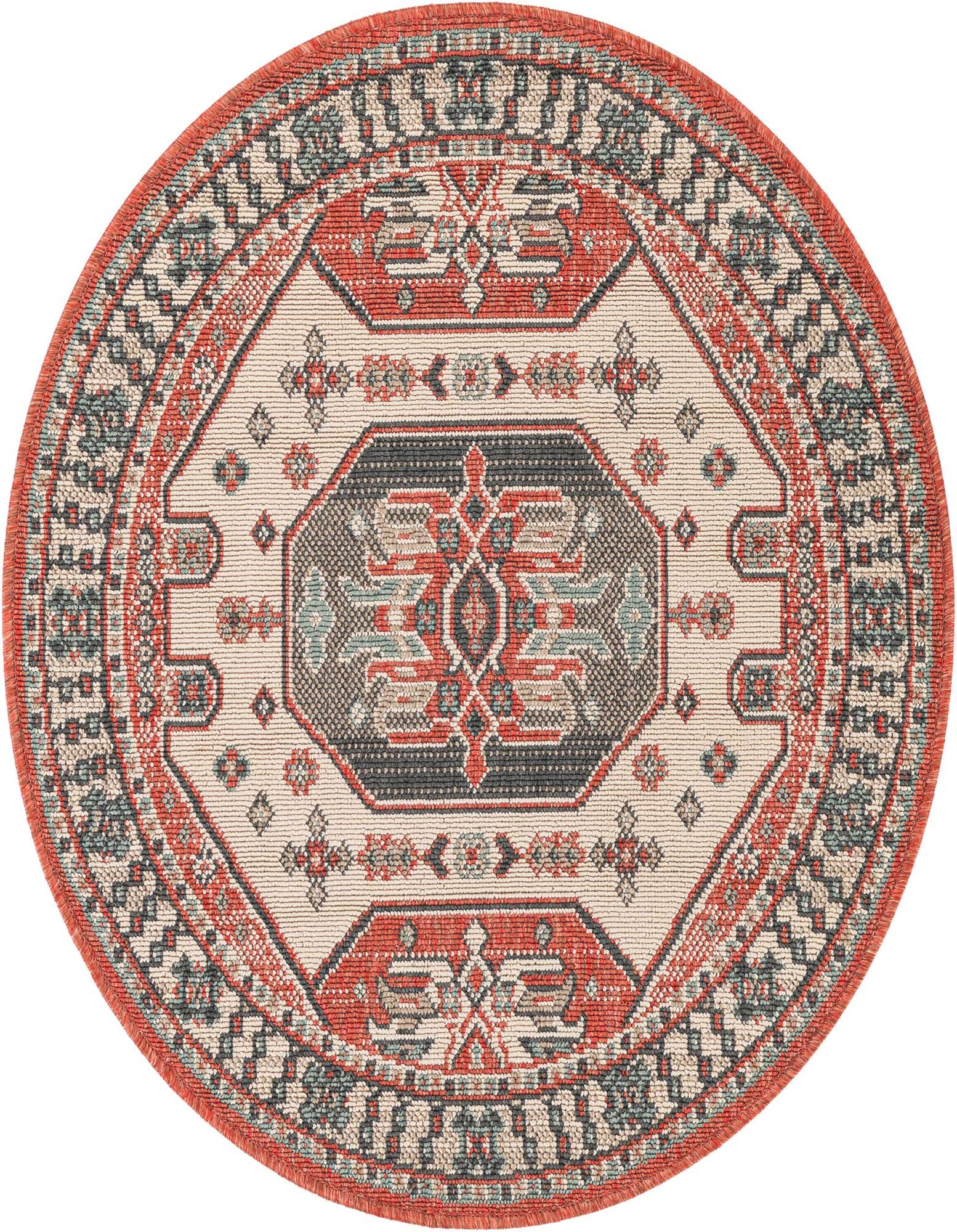 A 3' round multi-colored Oriental rug with a traditional pattern in shades of red, beige, and blue, suitable for indoor or outdoor use.