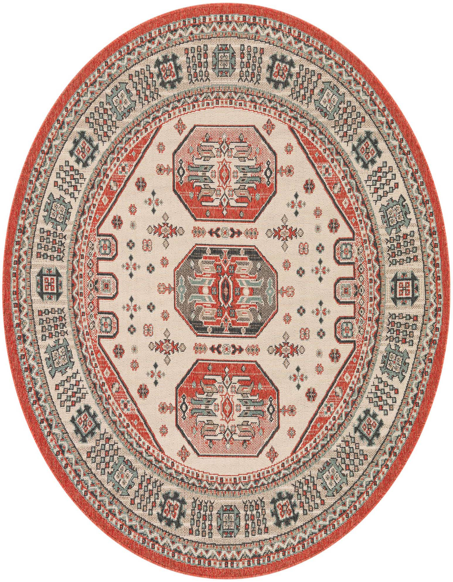 A 6' round multi-colored Oriental rug with a central medallion and intricate border, suitable for indoor or outdoor use.