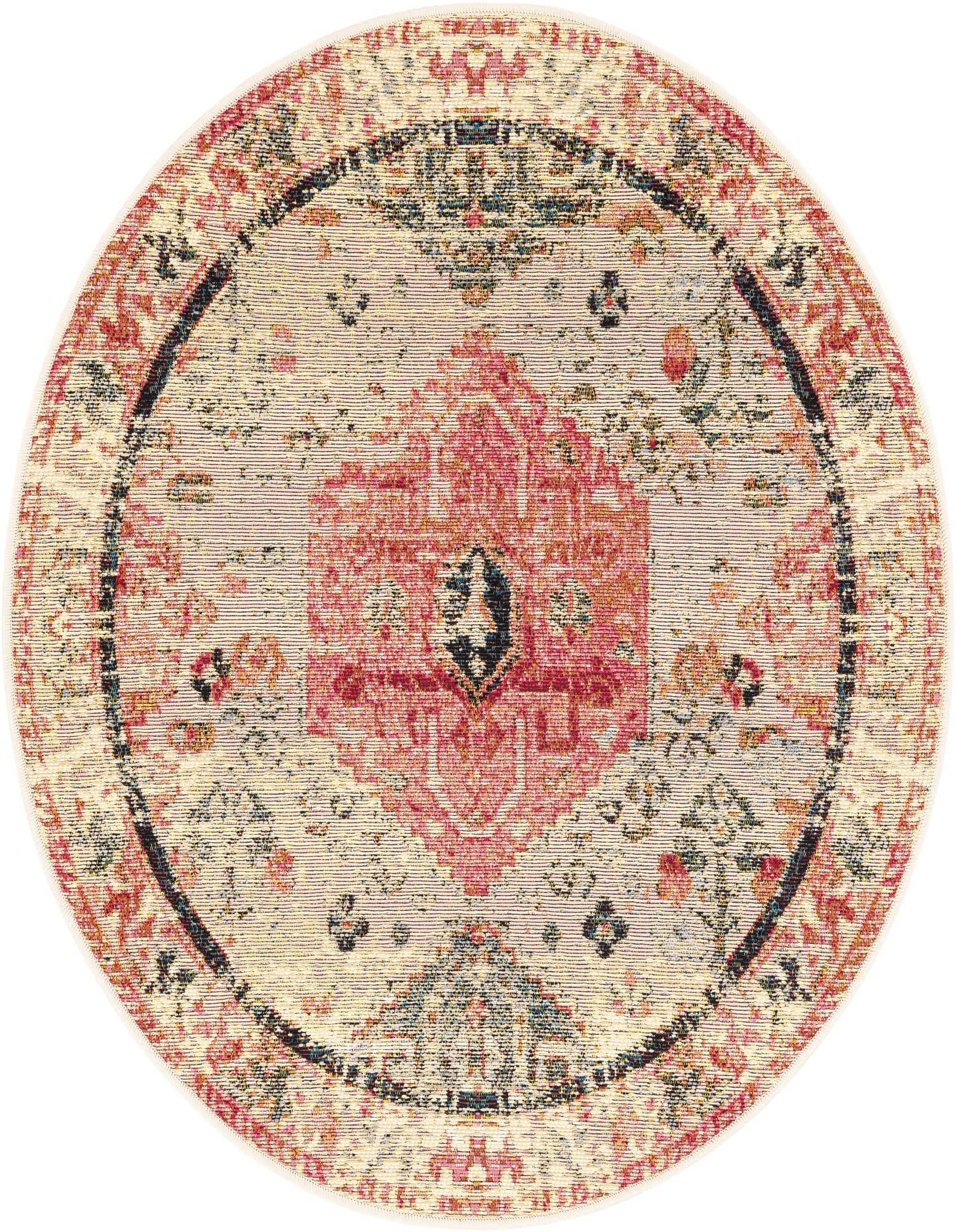 A 3' round multi-colored modern outdoor rug with a central medallion and intricate border pattern.