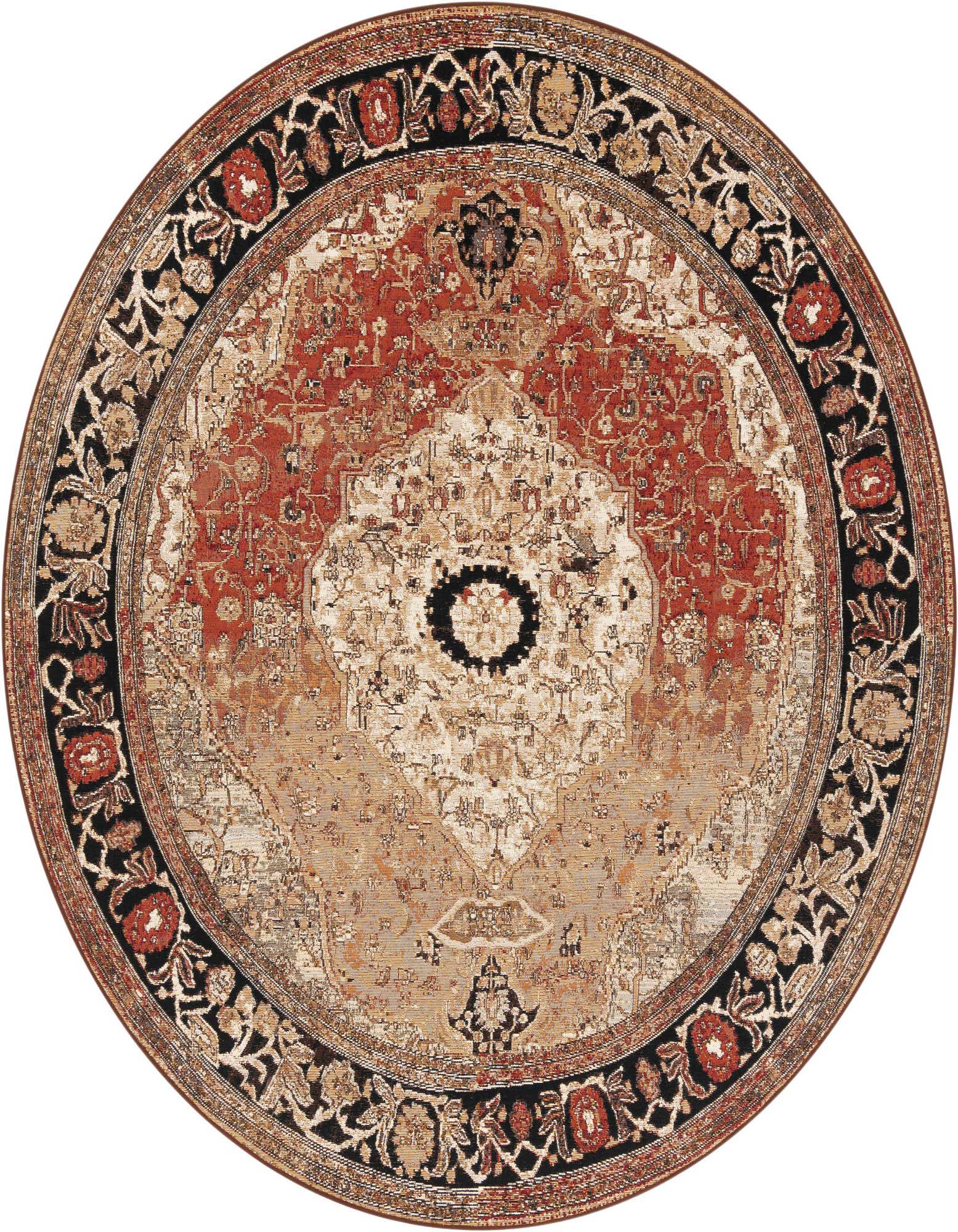 A 7' 10 round multi-colored traditional rug with a central medallion and floral border, suitable for indoor or outdoor use.