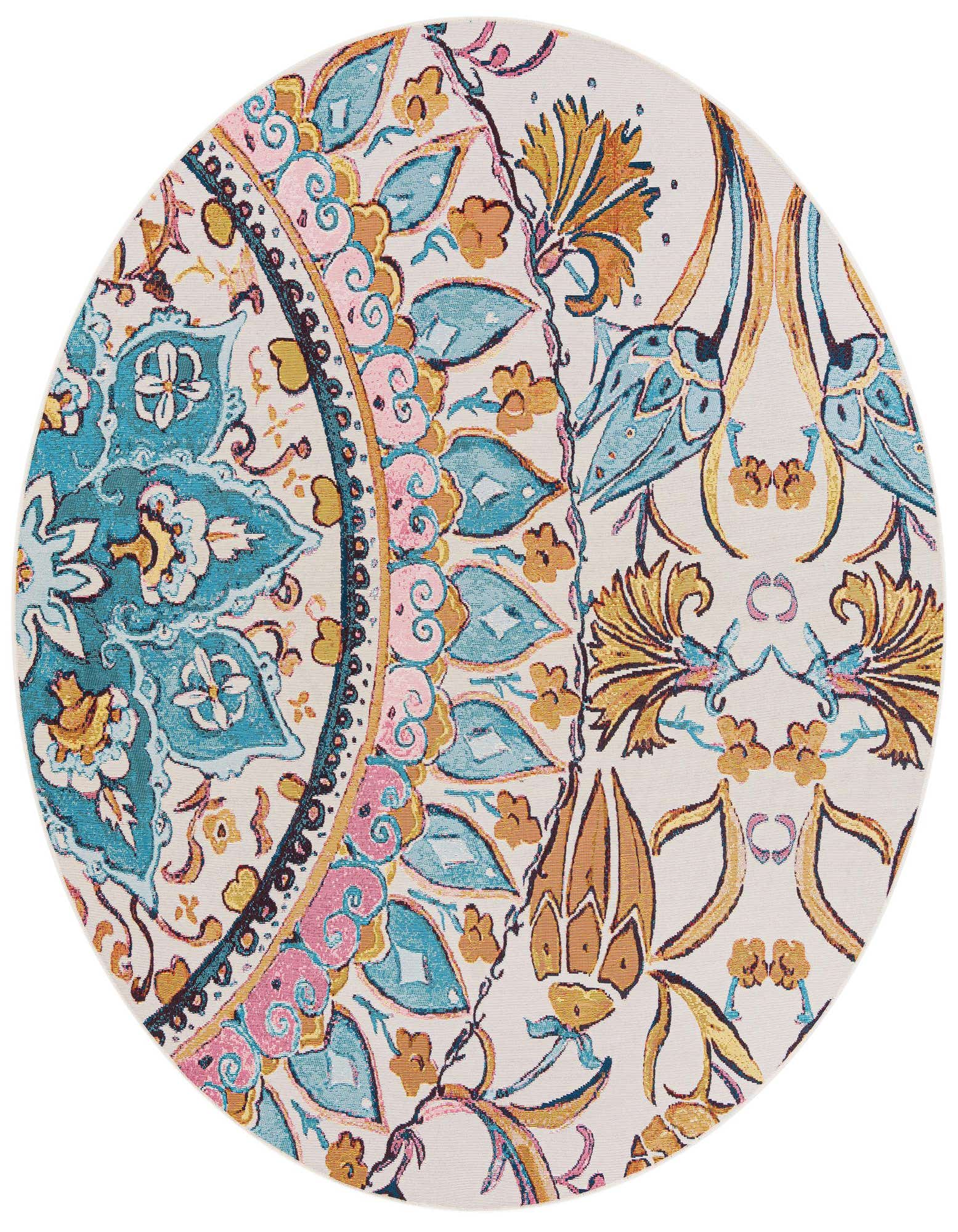A round, multi-colored rug with a vibrant traditional and oriental pattern, featuring teal, pink, and gold floral motifs on a light background, suitable for indoor/outdoor use.