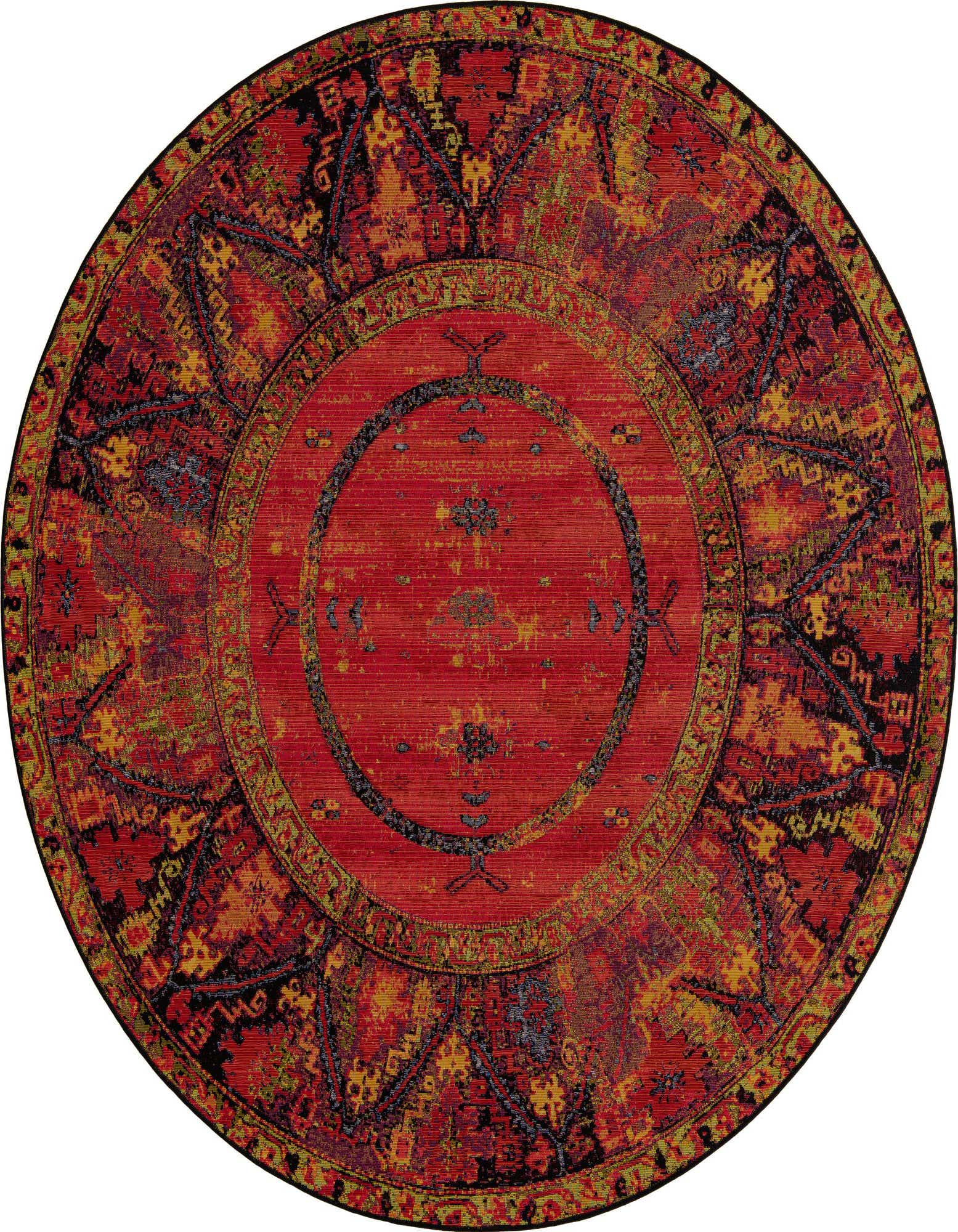 A vibrant 7' 10 round multi-colored tribal rug with a central medallion and eclectic patterns, suitable for indoor or outdoor spaces.
