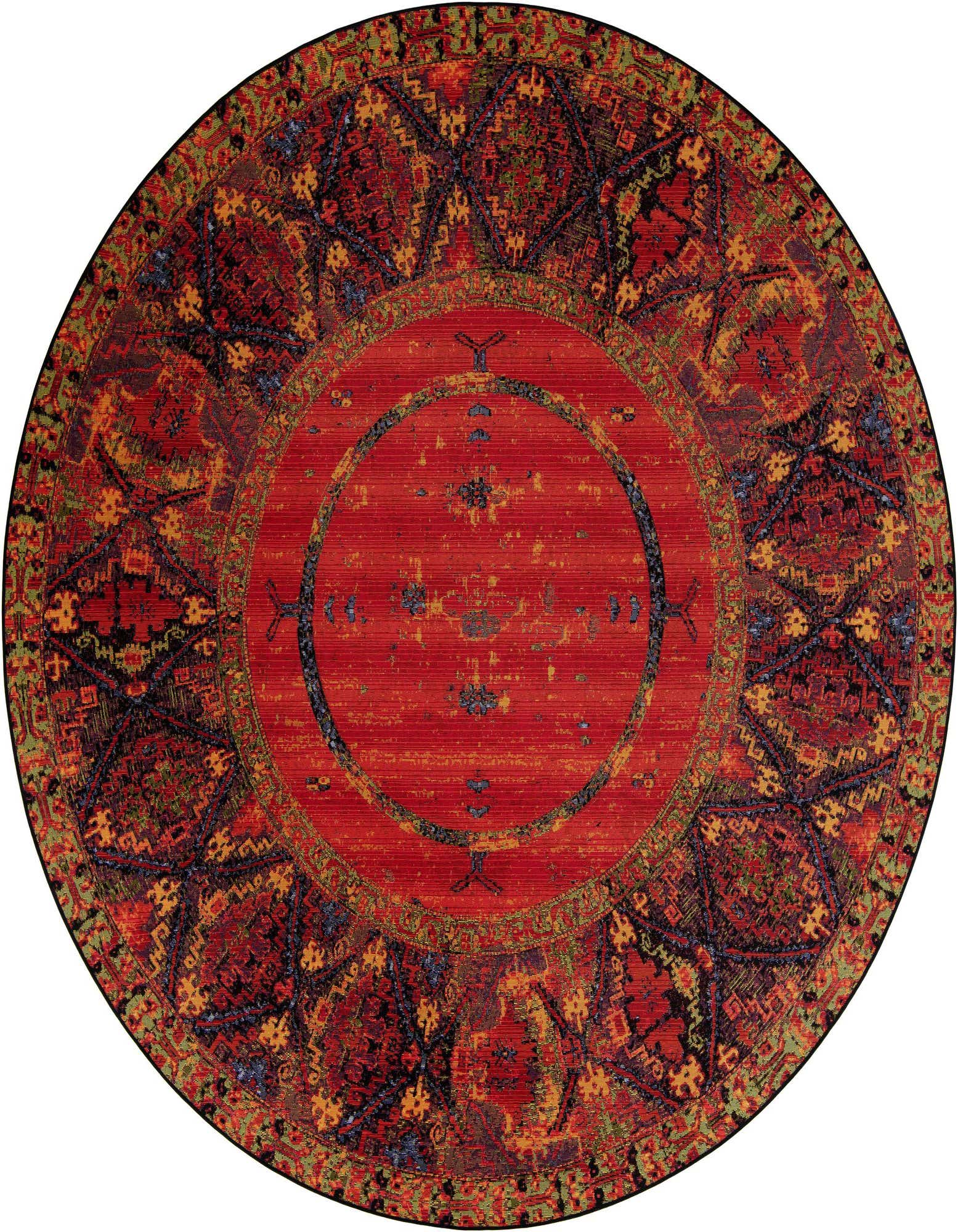A 10' round multi-colored Oriental rug with a central medallion and intricate tribal patterns in red, blue, and gold.
