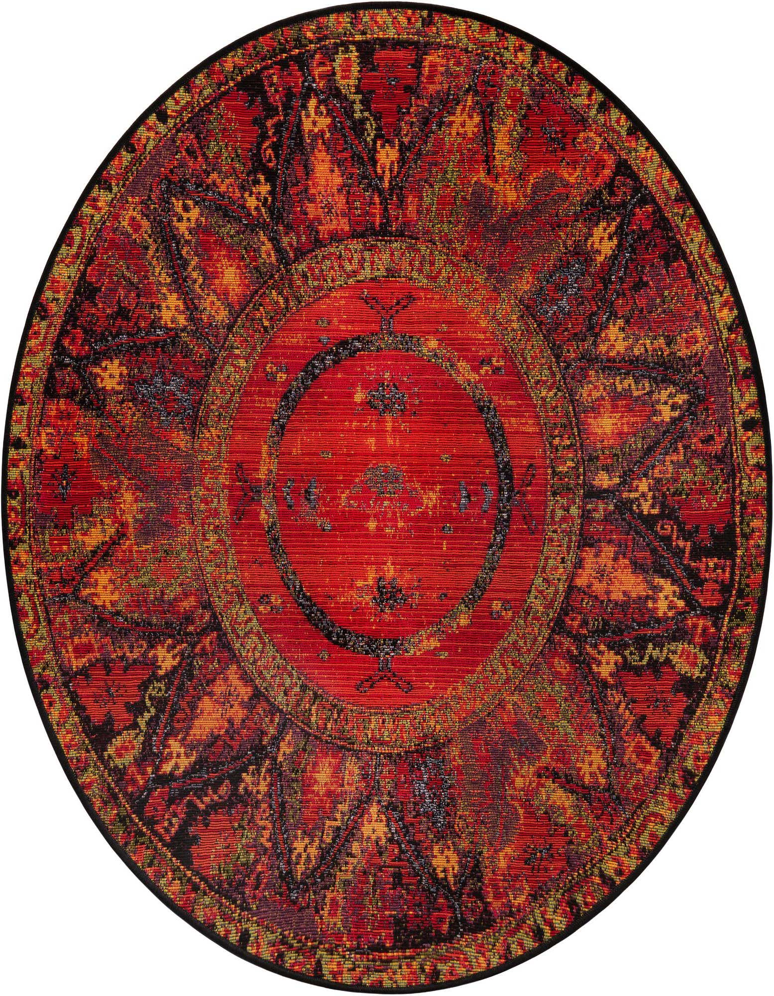 A vibrant 4' round multi-colored rug with an intricate Oriental medallion pattern, ideal for indoor or outdoor use.