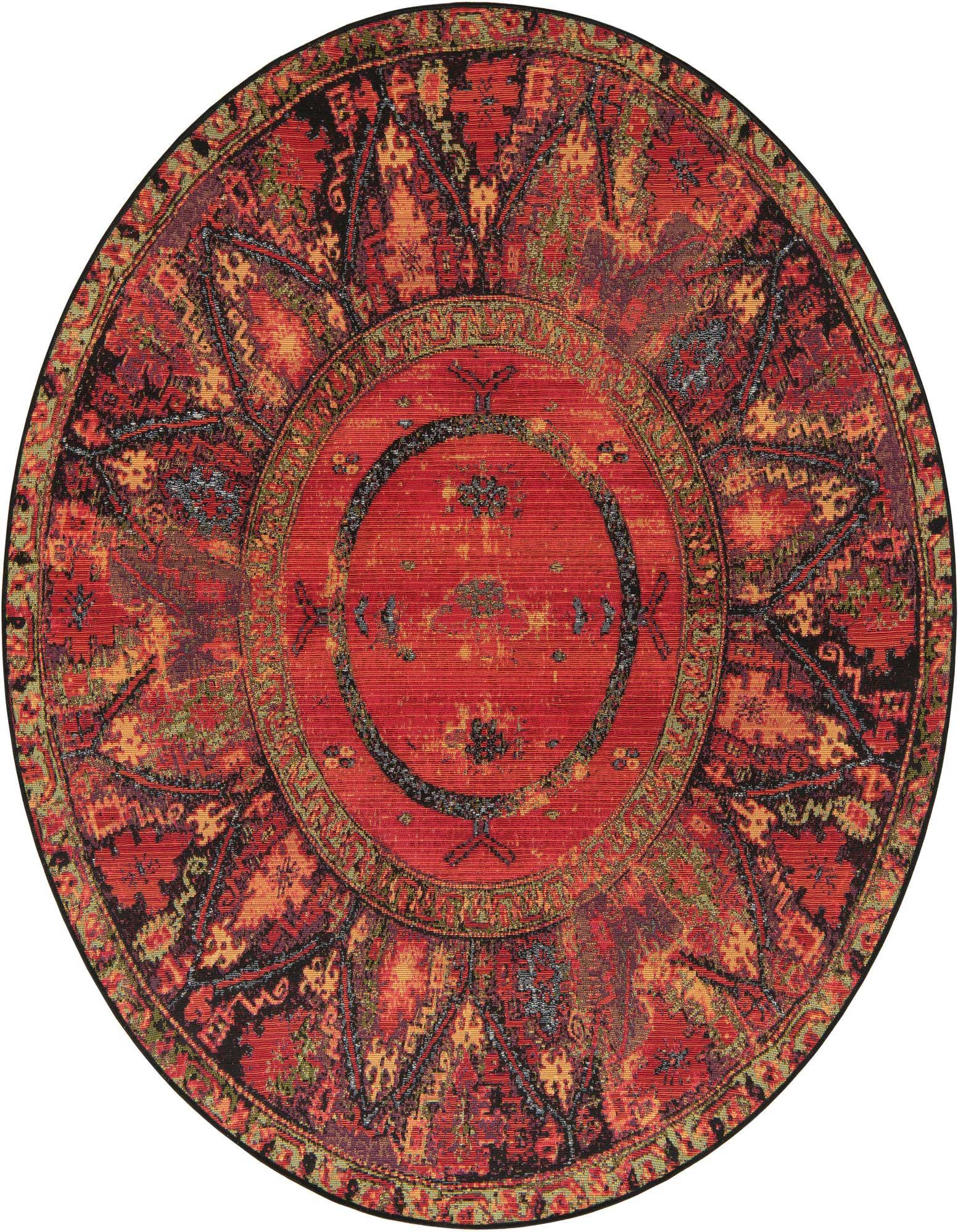 A 5' round multi-colored Southwestern rug with a central medallion, ideal for indoor or outdoor use.