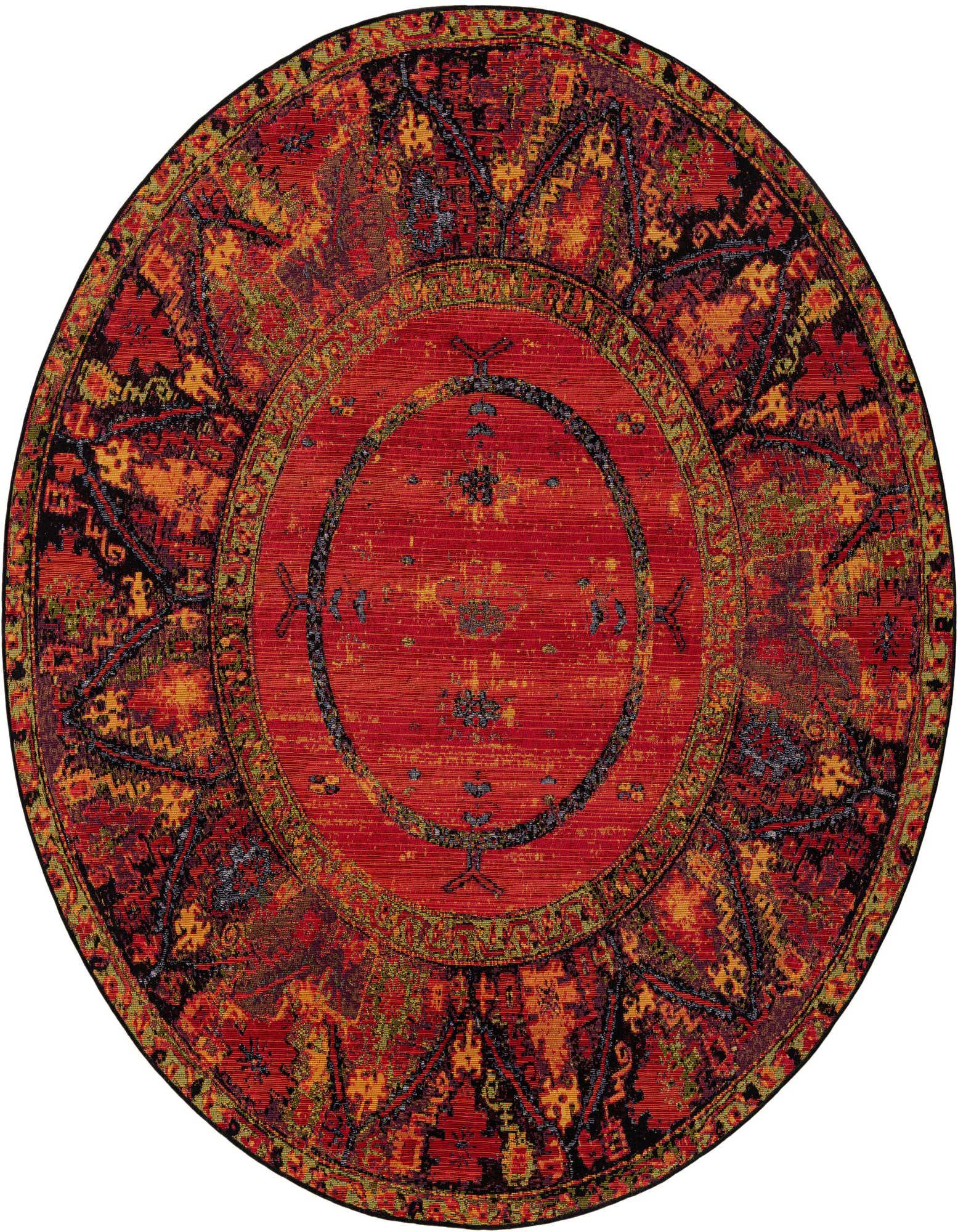 A vibrant 7' round multi-colored outdoor rug featuring a distressed Oriental medallion pattern in red, orange, black, and blue.