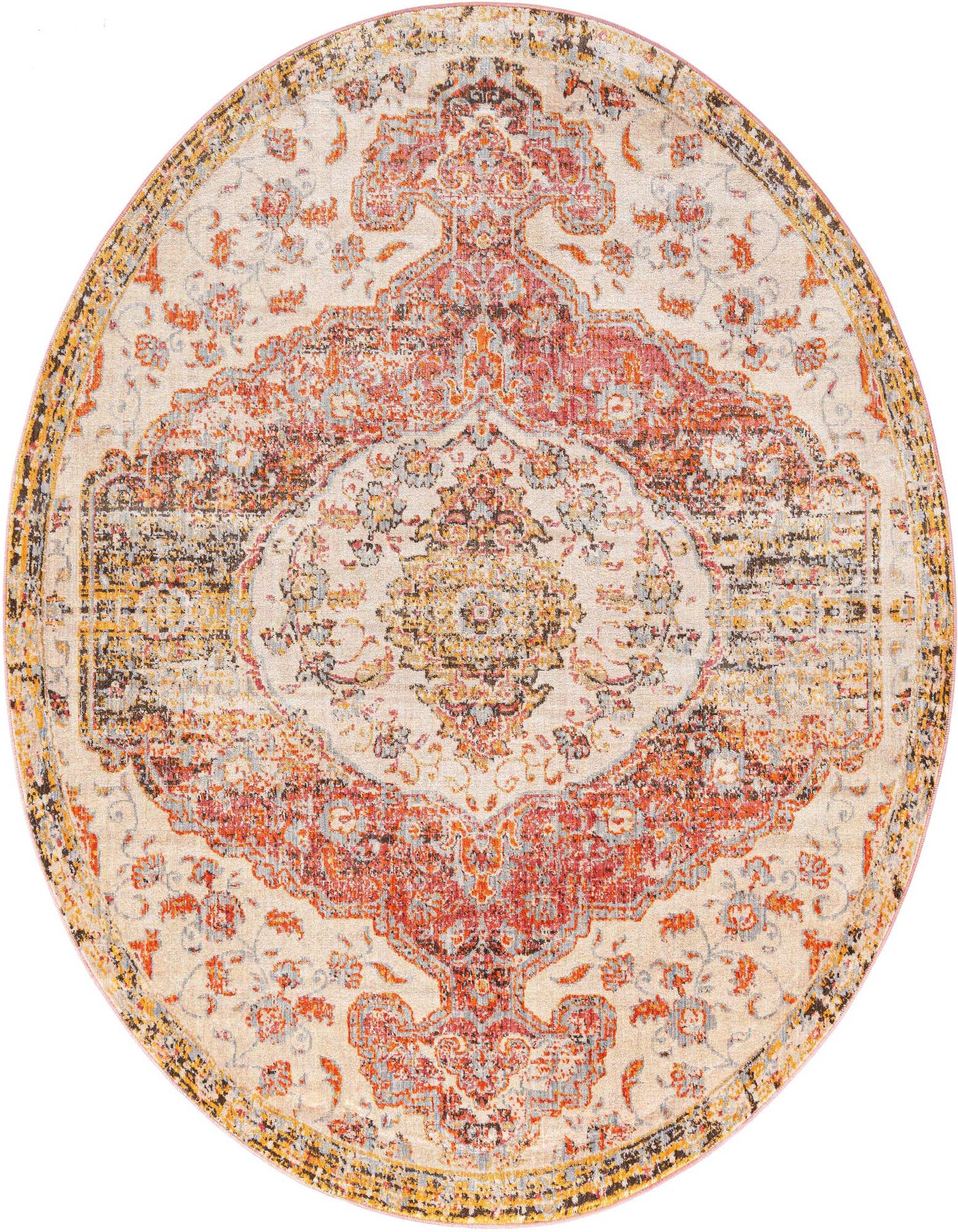A round, multi-colored Bohemian rug featuring a distressed medallion pattern in warm reds, oranges, and blues on a cream background.