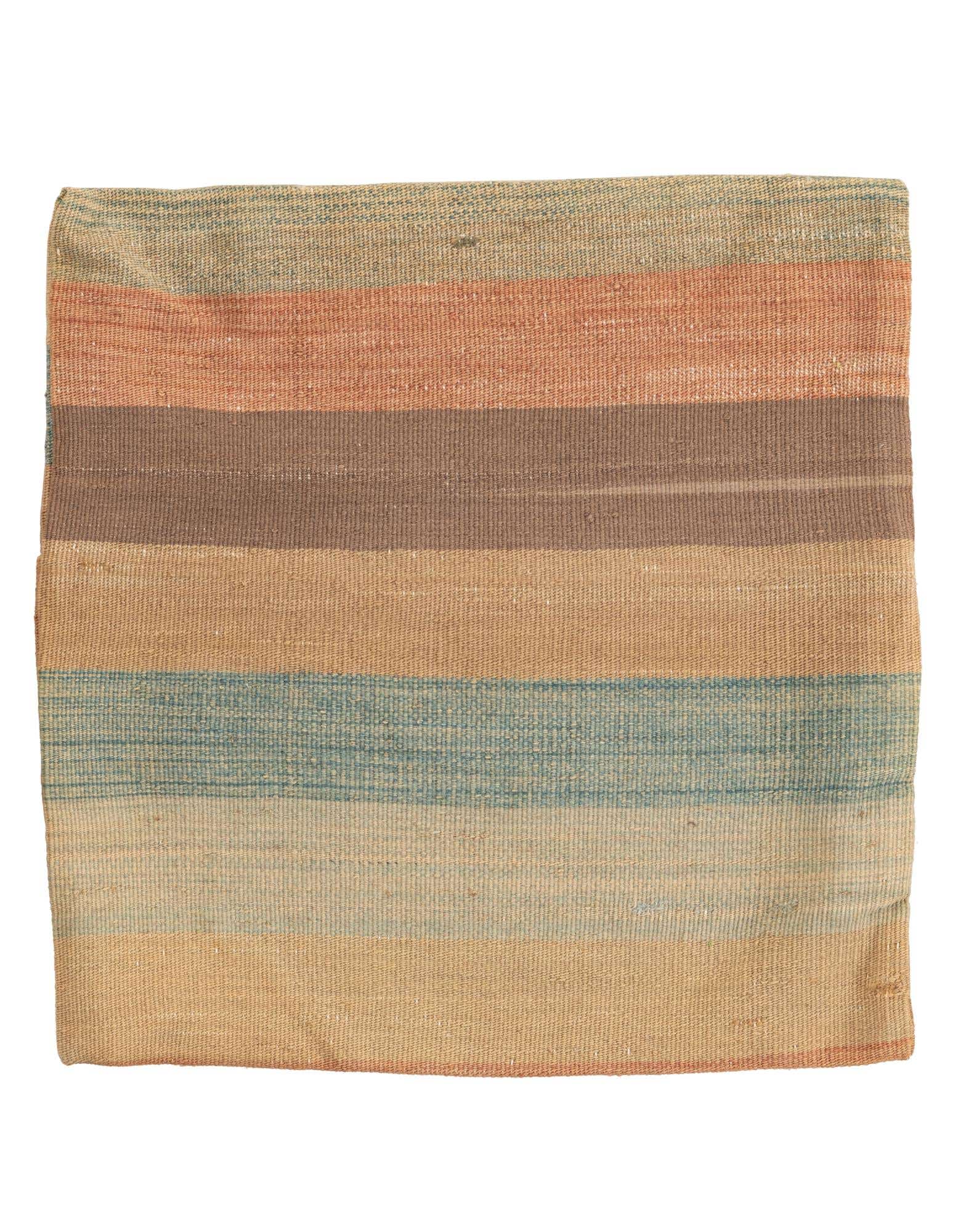A 1'8" x 1'8" round wool rug with horizontal stripes in muted shades of blue, brown, orange, and beige.