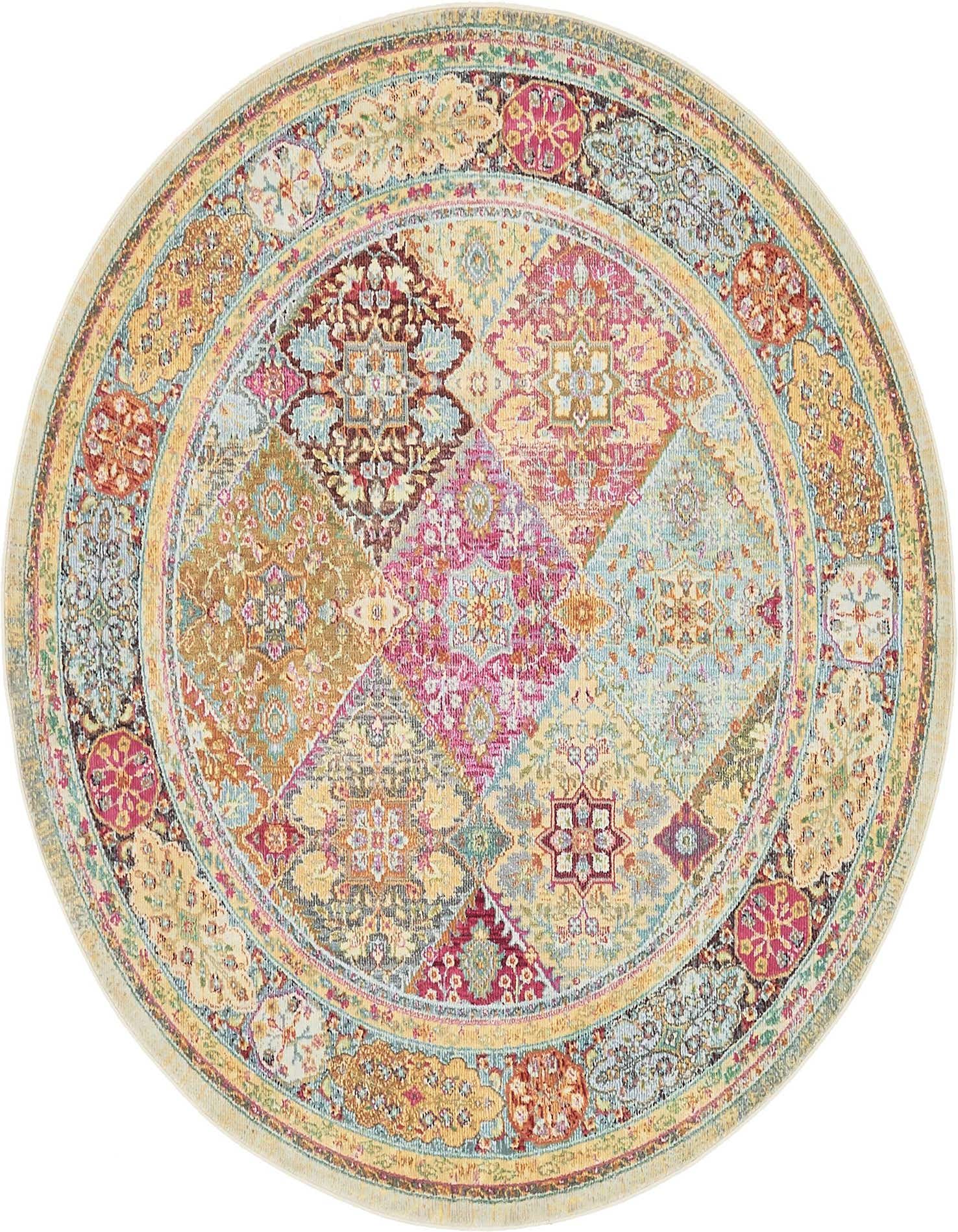 A 5' 5 x 5' 5 round multi-colored Bohemian rug with a patchwork floral and geometric pattern, ideal for an indoor living space.