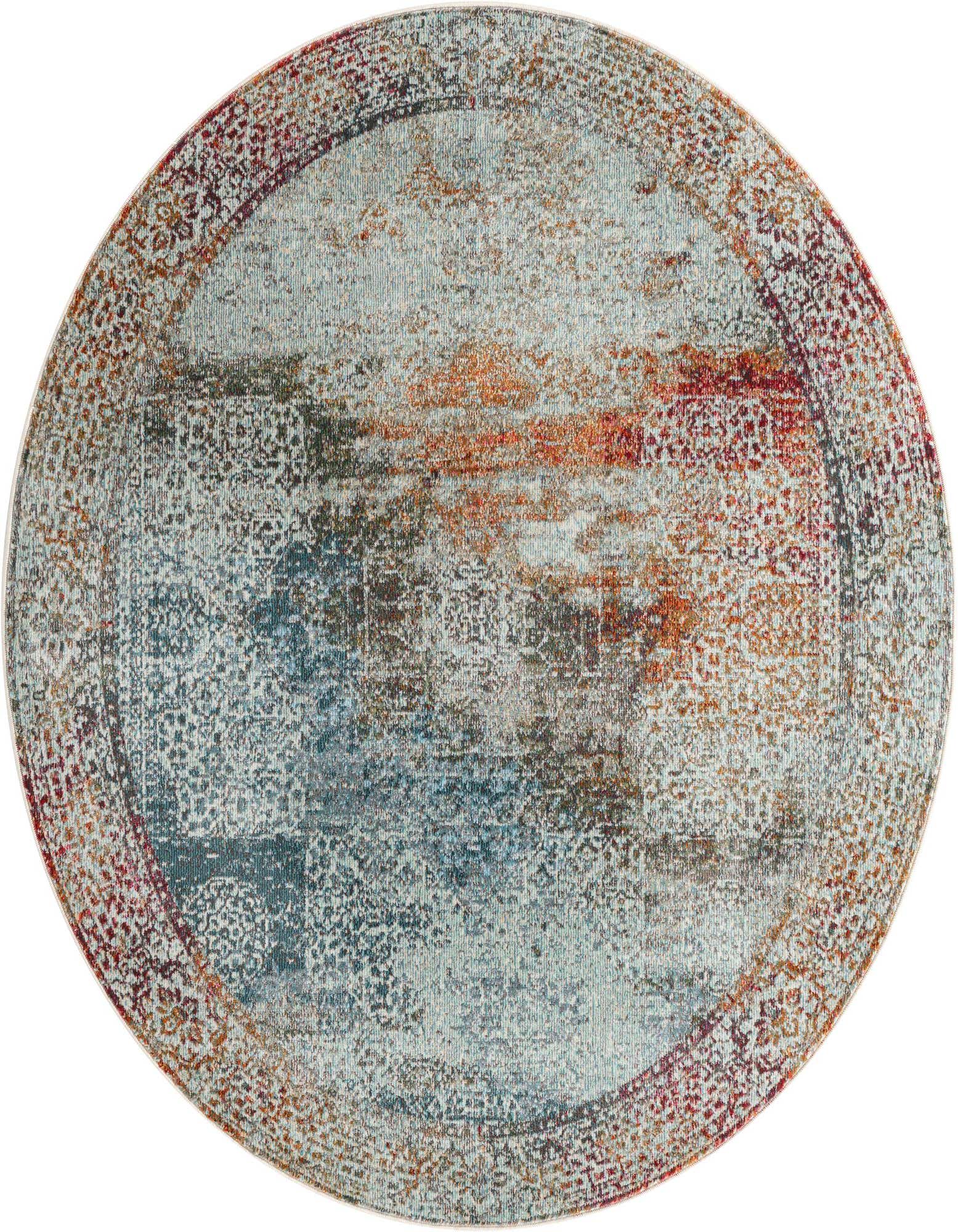 A 5' 5 round multi-colored Bohemian rug from the Santiago Collection, featuring an abstract pattern with shades of blue, orange, and red, and a subtle traditional border.
