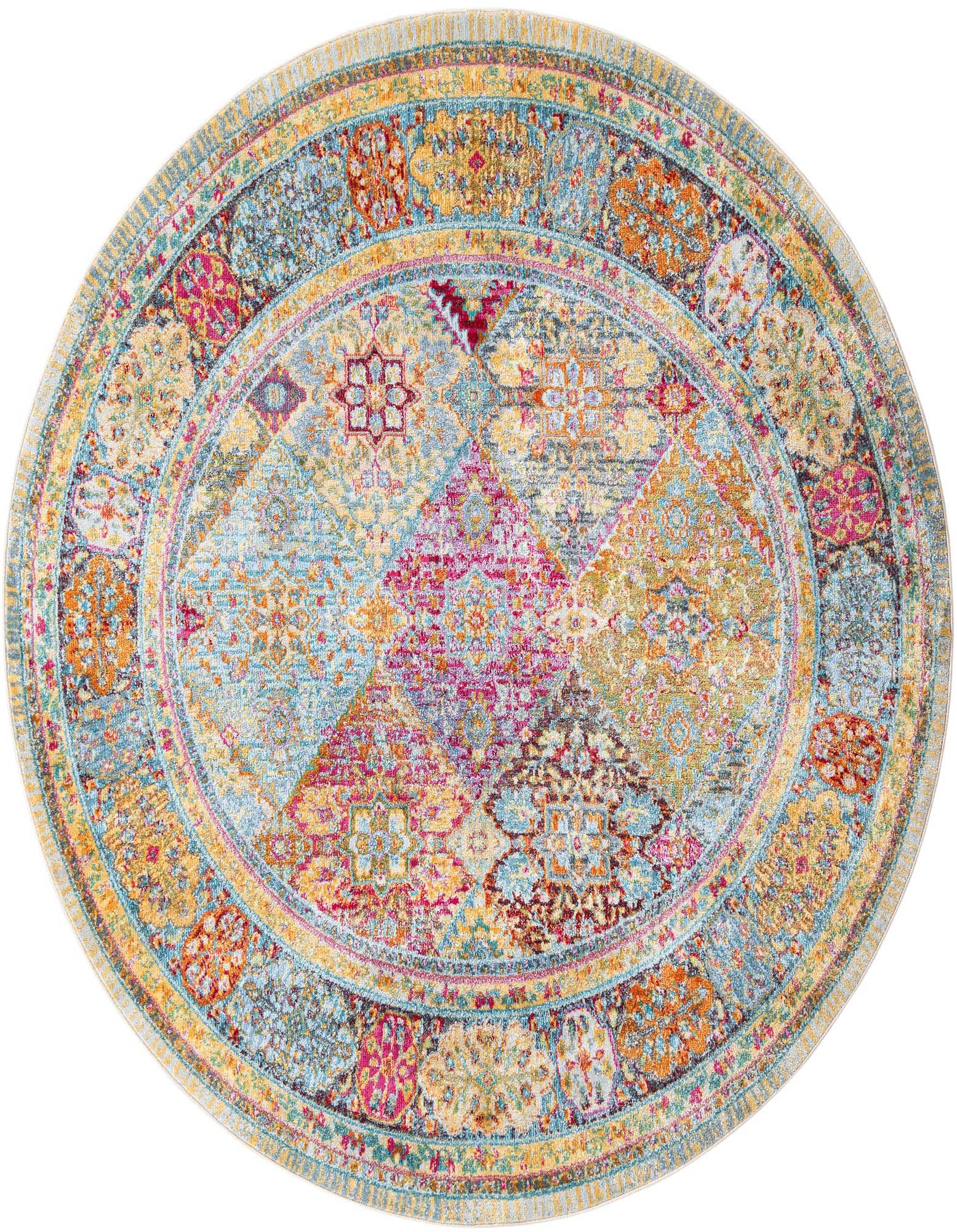 A 6' round multi-colored rug with a traditional floral and geometric patchwork design in shades of blue, pink, yellow, and orange.